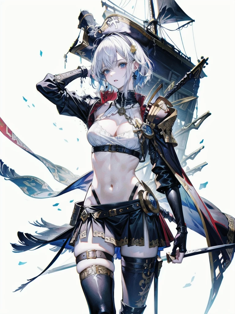 absurdres, RAW photo, extremely delicate and beautiful, masterpiece, Best Quality, ultra high resolution, 32k, hyperrealistic, ultra-detailed, perfect figure, detailed description, pale skin, 20 years old, detailed beautiful face and eyes, tearful mole, earring, short medium hair, wavy hair, full body, a heavily armored pirate, pirate captain, detailed metal armor, intricate pirate clothing, bold colors, highly detailed metal textures, flintlock pistol, cutlass sword,