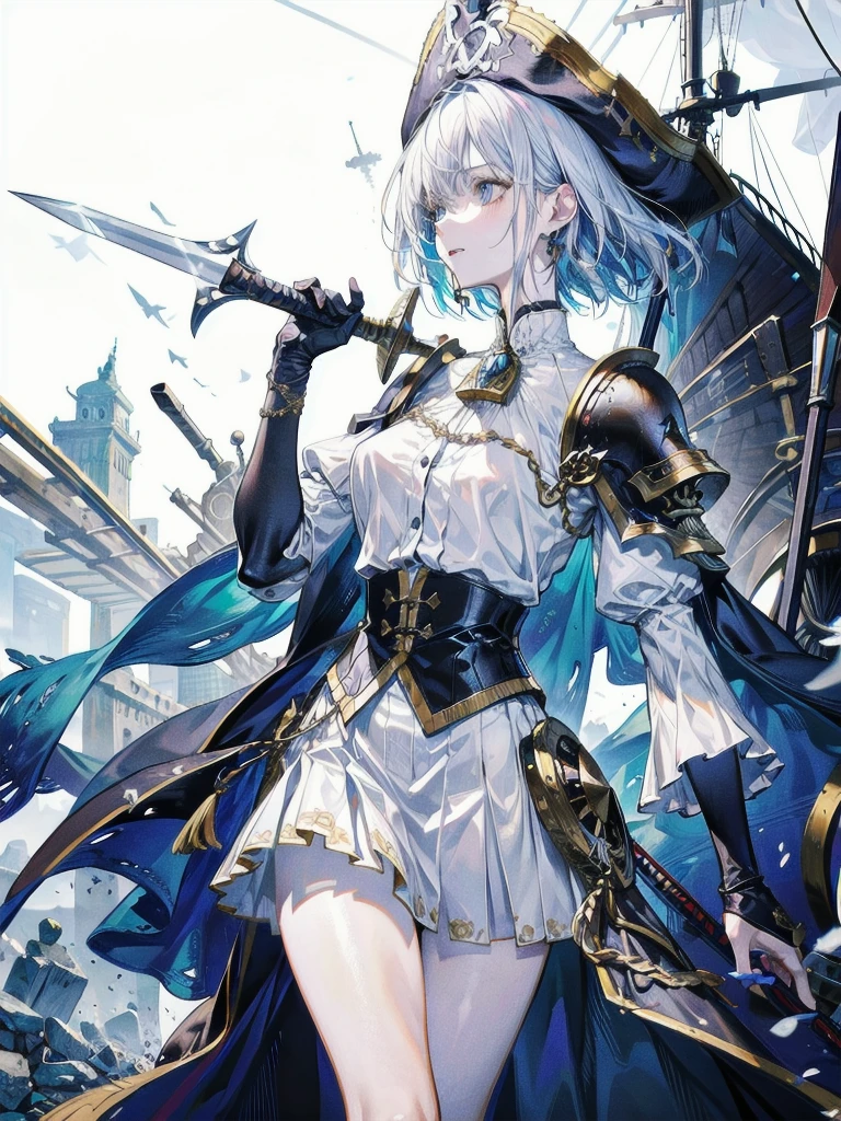 absurdres, RAW photo, extremely delicate and beautiful, masterpiece, Best Quality, ultra high resolution, 32k, hyperrealistic, ultra-detailed, perfect figure, detailed description, pale skin, 20 years old, detailed beautiful face and eyes, tearful mole, earring, short medium hair, wavy hair, full body, a heavily armored pirate, pirate captain, detailed metal armor, intricate pirate clothing, bold colors, highly detailed metal textures, flintlock pistol, cutlass sword,