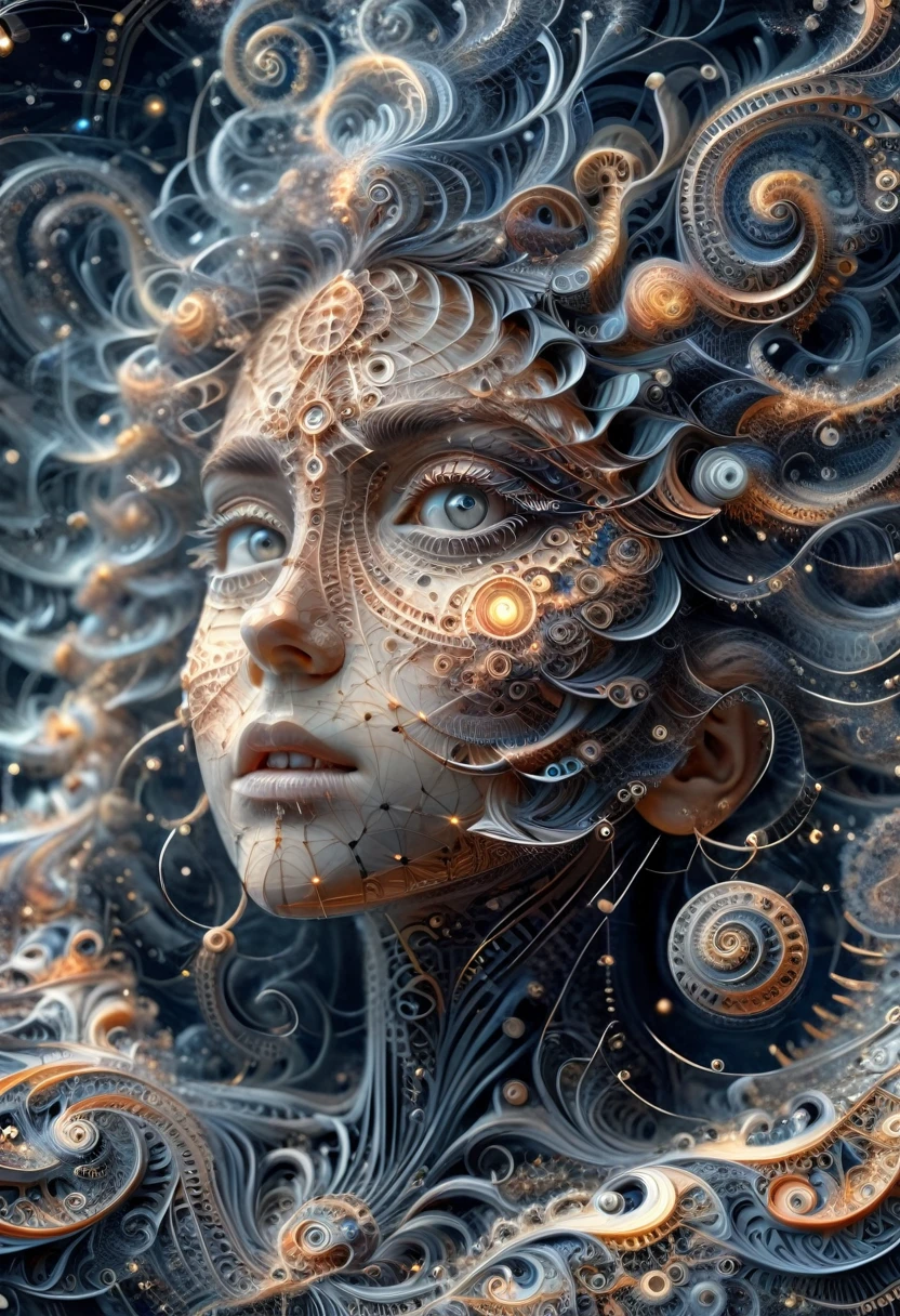 A starry sky where the constellations are realistic mathematical equations that come to life, their tendrils reach through the darkness, nombre Pi, fractals and complex geometric figures. (une femme, perfect and detailed eyes)