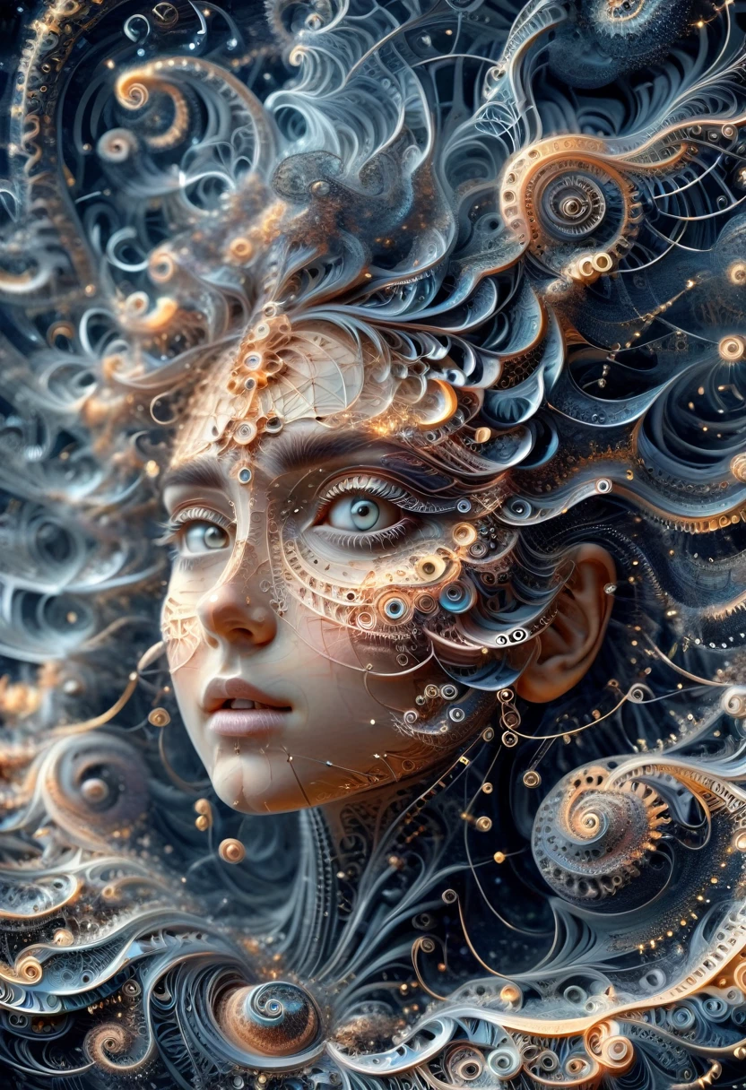 A starry sky where the constellations are realistic mathematical equations that come to life, their tendrils reach through the darkness, nombre Pi, fractals and complex geometric figures. (une femme, perfect and detailed eyes)