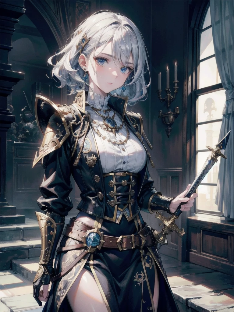 absurdres, RAW photo, extremely delicate and beautiful, masterpiece, Best Quality, ultra high resolution, 32k, hyperrealistic, ultra-detailed, perfect figure, detailed description, pale skin, 20 years old, detailed beautiful face and eyes, tearful mole, earring, short medium hair, wavy hair, full body, a heavily armored pirate, pirate captain, detailed metal armor, intricate pirate clothing, bold colors, highly detailed metal textures, flintlock pistol, cutlass sword,