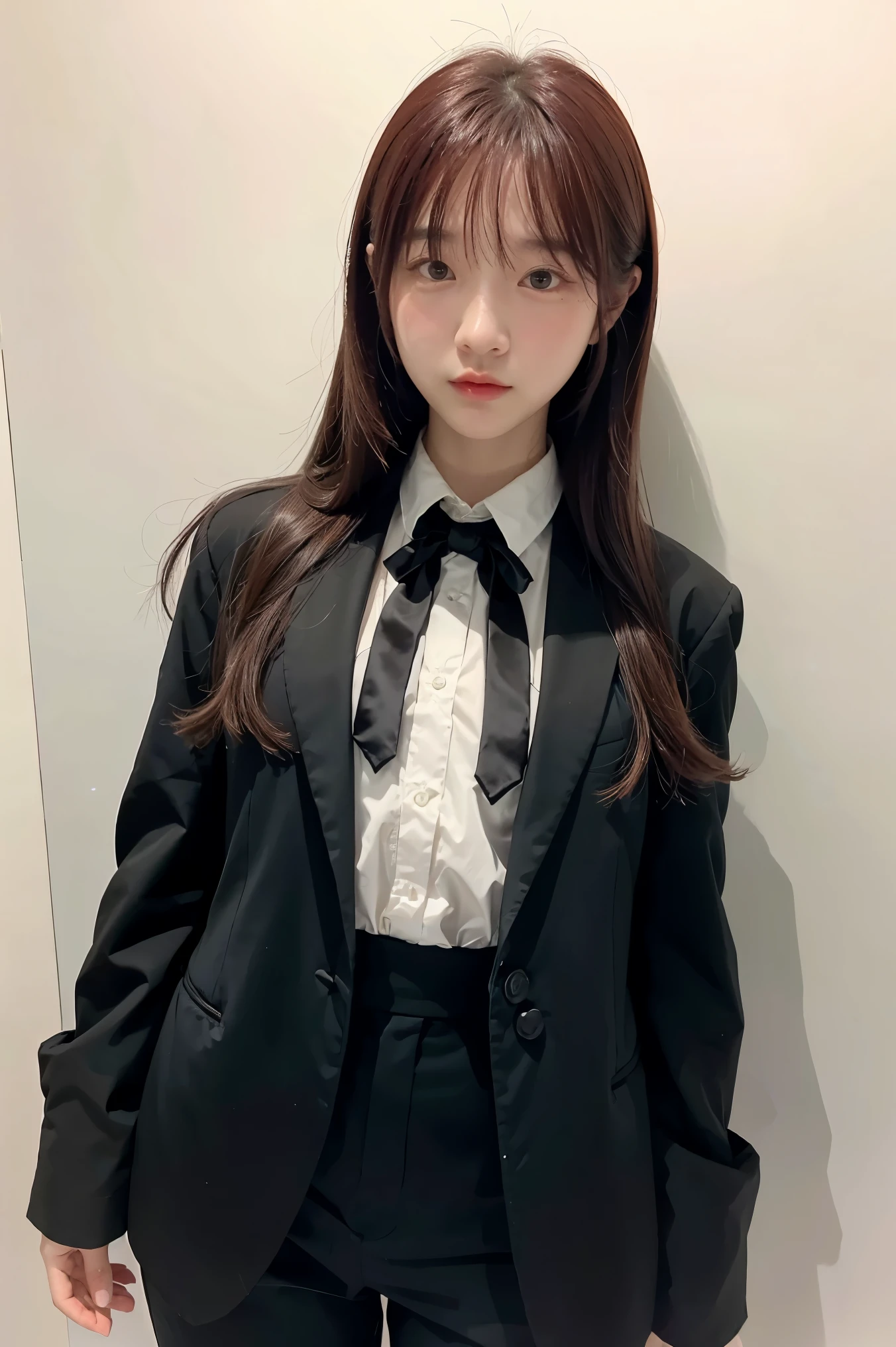 1girl, black random formal attire, white background,