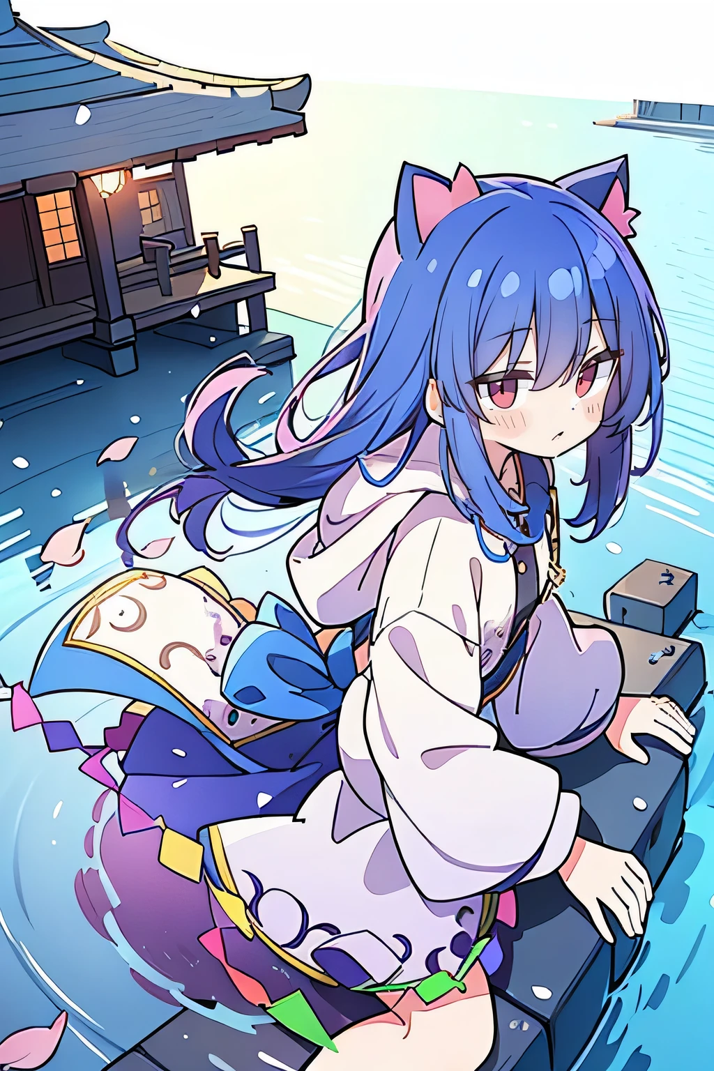 (masterpiece:1.2),Super detailed,lifelike,Expressive eyes,fair skin,perfect face shape,1 girl,
Japanese comics,Gorgeous blue hair,flowing blue hair,flowing clothes,Cat ears,Petals fall,beautiful lola,Baby Angel,
Shaking head with one hand,Cross your legs,Gentle and peaceful background,The pavilion is cool and comfortable,smile, wearing hoodie, background of tokyo,back views,snowing, winter,lie on the water.