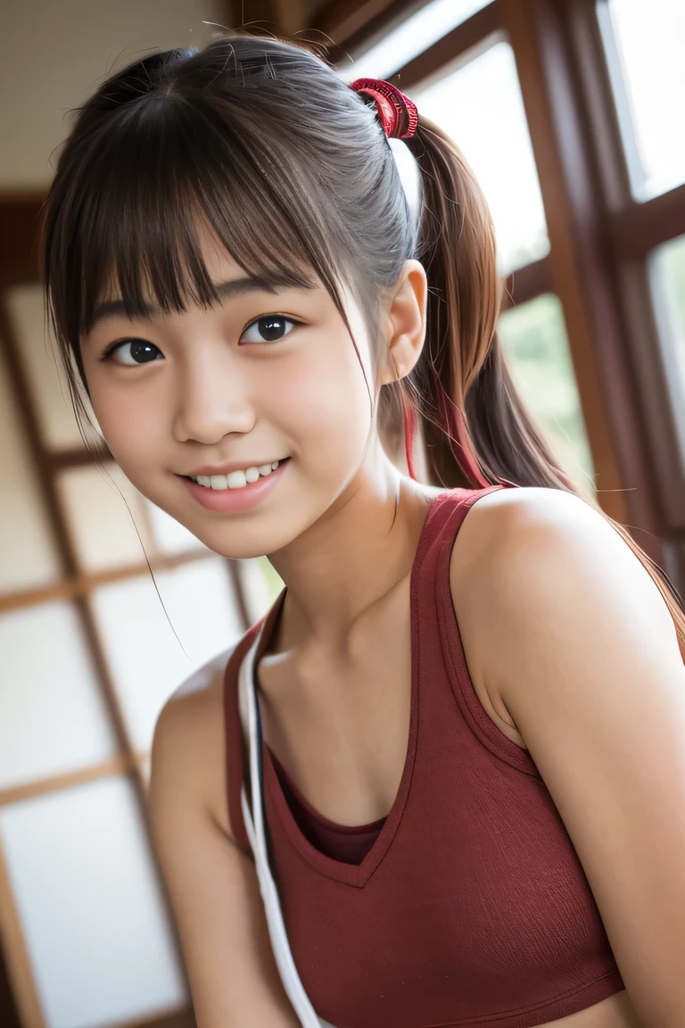 Lens 135mm f1.8, (highest quality),(RAW photo), , (Beautiful 16 year old Japanese girl), cute face, (deeply carved face:0.7), (freckles:0.6), ,dramatic , (japanese school (croptop) wine red tanktop), (inside the school), shy, low twintails, , (smile),, (sparkling eyes)、