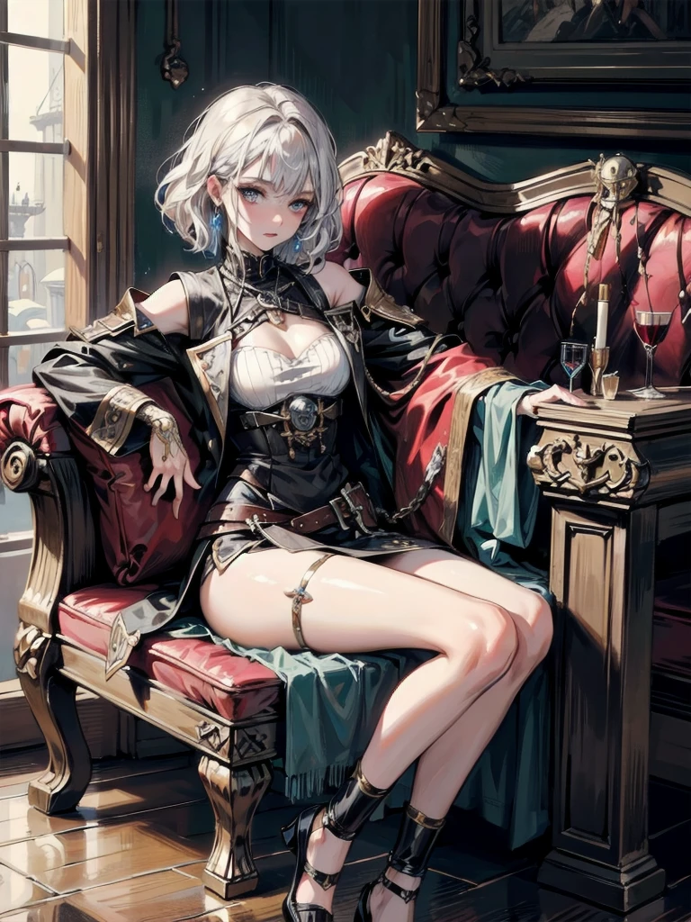 absurdres, RAW photo, extremely delicate and beautiful, masterpiece, Best Quality, ultra high resolution, 32k, hyperrealistic, ultra-detailed, perfect figure, detailed description, pale skin, 20 years old, detailed beautiful face and eyes, tearful mole, earring, short medium hair, wavy hair, full body, a heavily armored pirate, pirate captain, detailed metal armor, intricate pirate clothing, bold colors, highly detailed metal textures, flintlock pistol, cutlass sword,