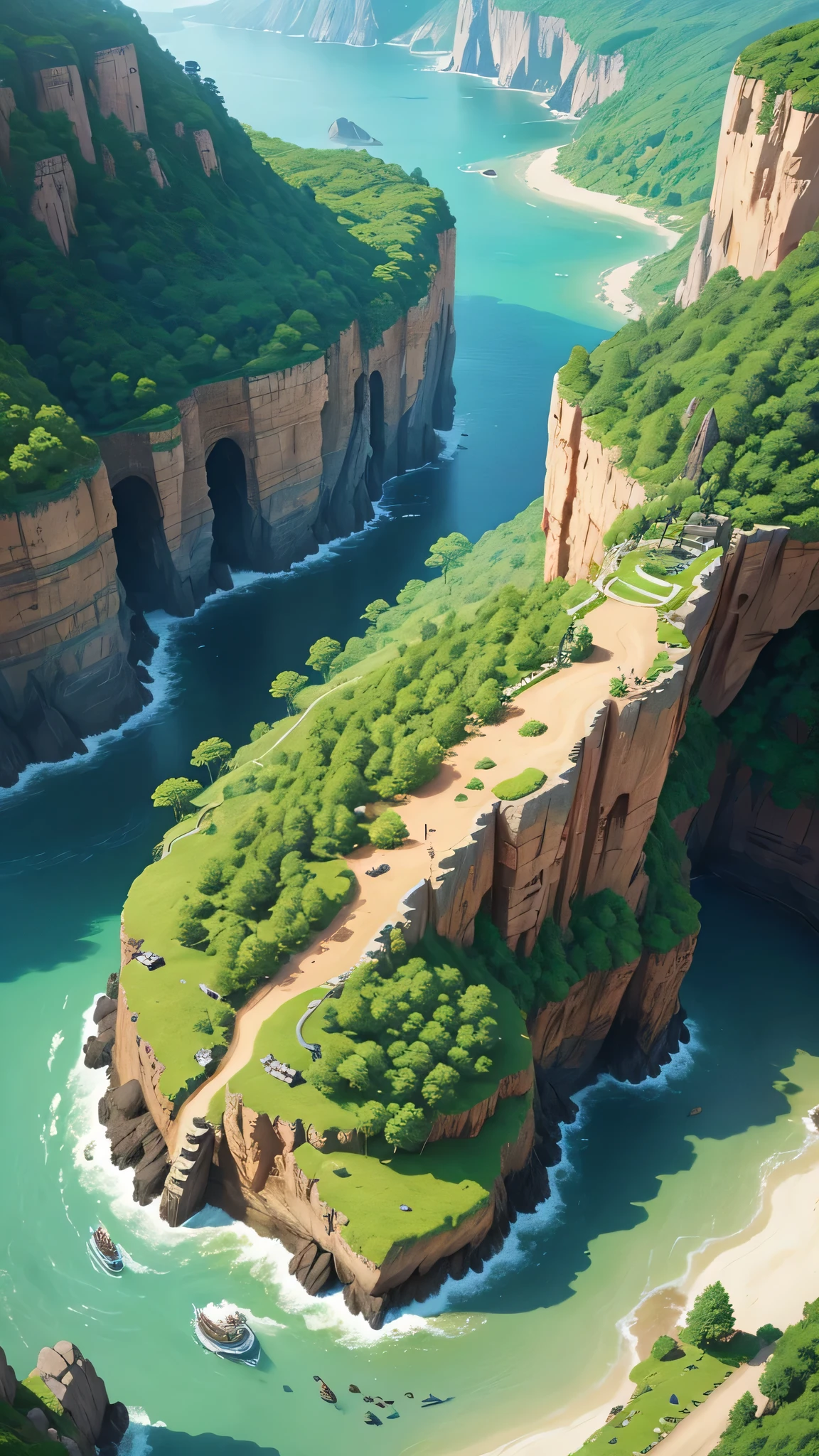 An aerial shot of the scenic landacape inspired from the game days gone, cartoon anime style, Ghibli style