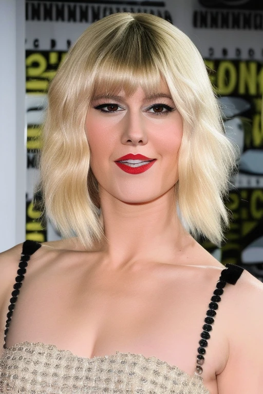 photo of sks woman, soft blonde hair, clear skin, upper body, detailed skin, detailed face. DRESSED AS A COMIC BOOK CHARACTER ELECTRA