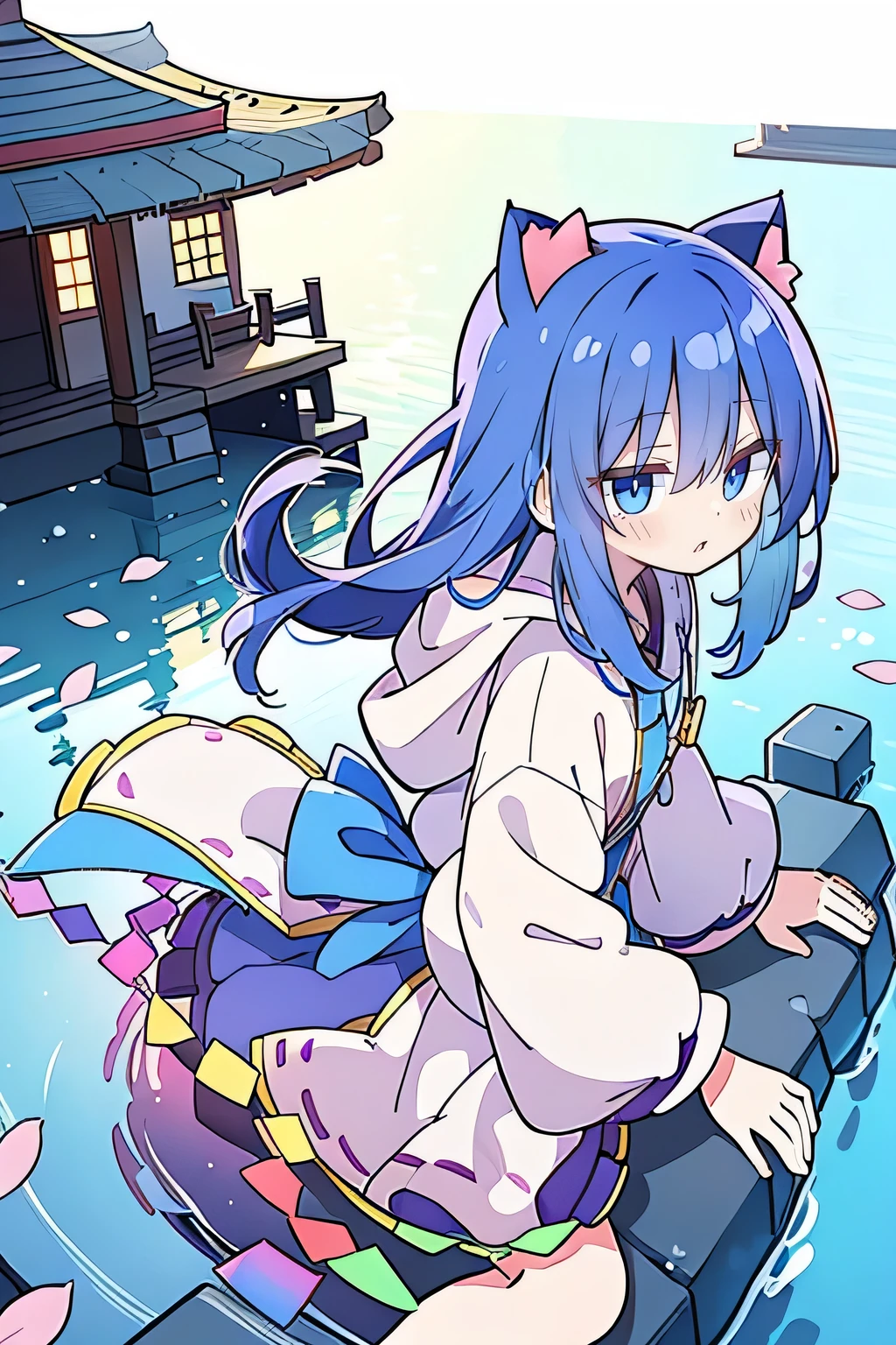 (masterpiece:1.2),Super detailed,lifelike,Expressive eyes,fair skin,perfect face shape,1 girl,
Japanese comics,Gorgeous blue hair,flowing blue hair,flowing clothes,Cat ears,Petals fall,beautiful lola,Baby Angel,
Shaking head with one hand,Cross your legs,Gentle and peaceful background,The pavilion is cool and comfortable,smile, wearing hoodie, background of tokyo,back views,snowing, winter,lie on the water.