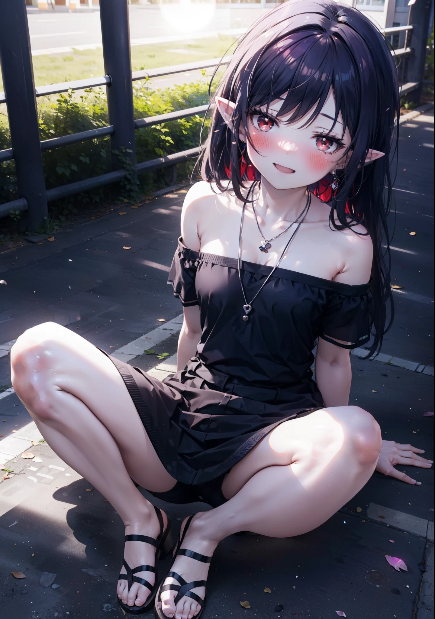 yuukikonno, Yuki Konno, hair band, Long Hair, Pointy Ears, Purple Hair, (Red eyes:1.5), (Small breasts:1.2), blush,happy smile, smile, Open your mouth,Purple cold shoulder top,Short sleeve,skinny pants,Heeled Sandals,Heart-shaped necklace,Sitting on the steps in the park,sunset,evening,The sun goes down,whole bodyがイラストに入るように,Looking down from above, break looking at viewer, whole body,break outdoors, School,courtyard, break (masterpiece:1.2), highest quality, High resolution, unity 8k wallpaper, (shape:0.8), (Beautiful and beautiful eyes:1.6), Highly detailed face, Perfect lighting, Extremely detailed CG, (Perfect hands, Perfect Anatomy),