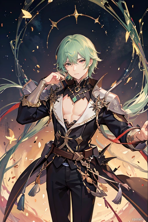 Night view　Dark　Sparkling　Fantasy　fantasy　masterpiece　highest quality　One boy　Green Hair　Pink Eyes　Long sleeve　Cool clothes　Silver decoration　front