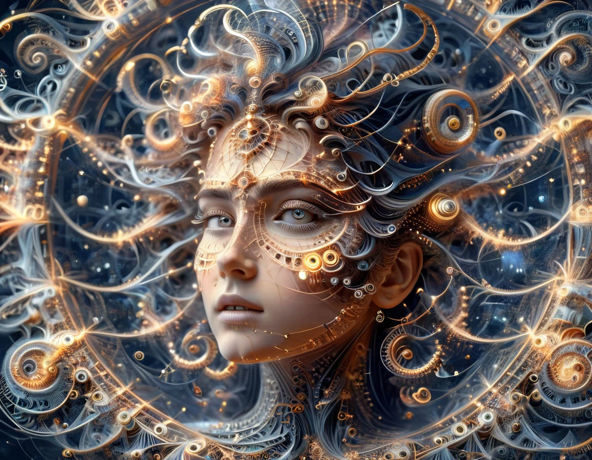 Un ciel étoilé où les constellations sont des Mathematical Equations réalistes qui prennent vie, their tendrils reach through the darkness, nombre Pi, fractals and complex geometric figures,  (une femme, perfect and detailed eyes), ((Mathematical Equations))