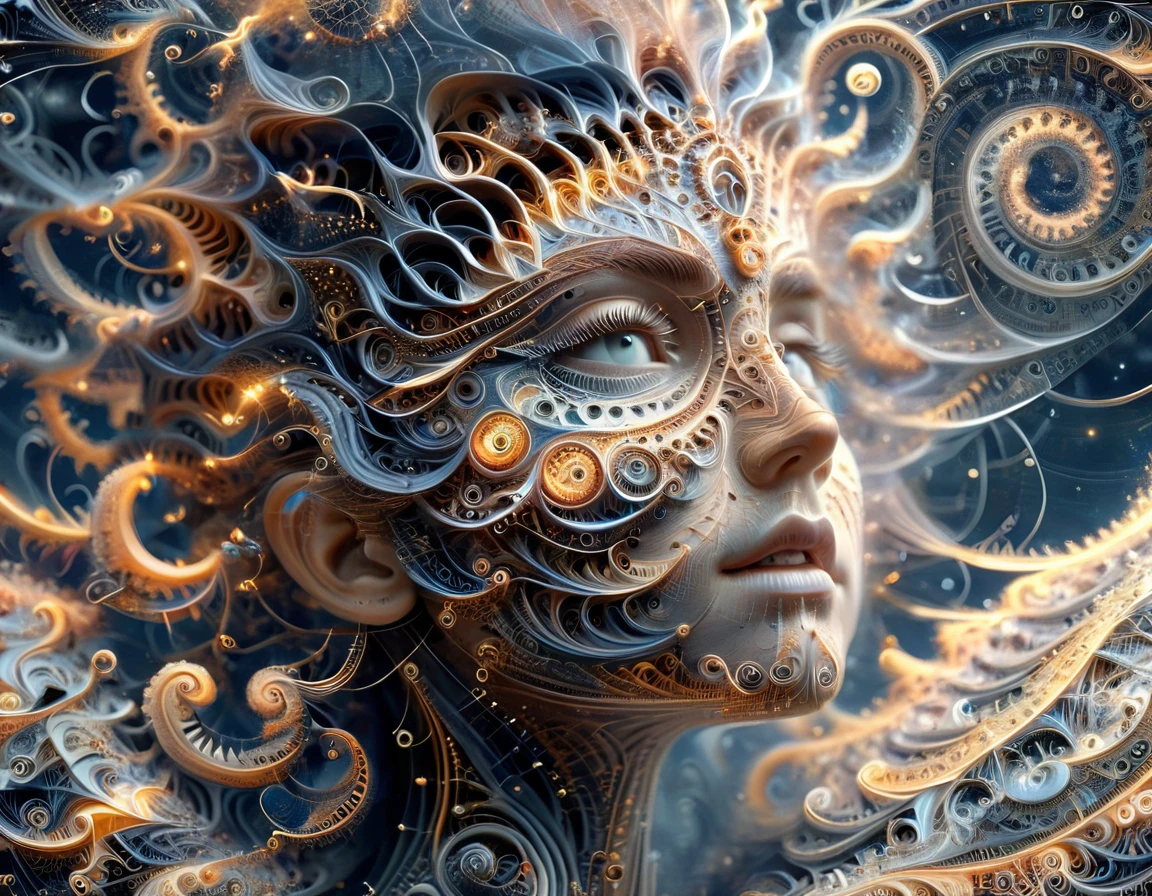 Un ciel étoilé où les constellations sont des Mathematical Equations réalistes qui prennent vie, their tendrils reach through the darkness, nombre Pi, fractals and complex geometric figures,  (une femme, perfect and detailed eyes), ((Mathematical Equations))