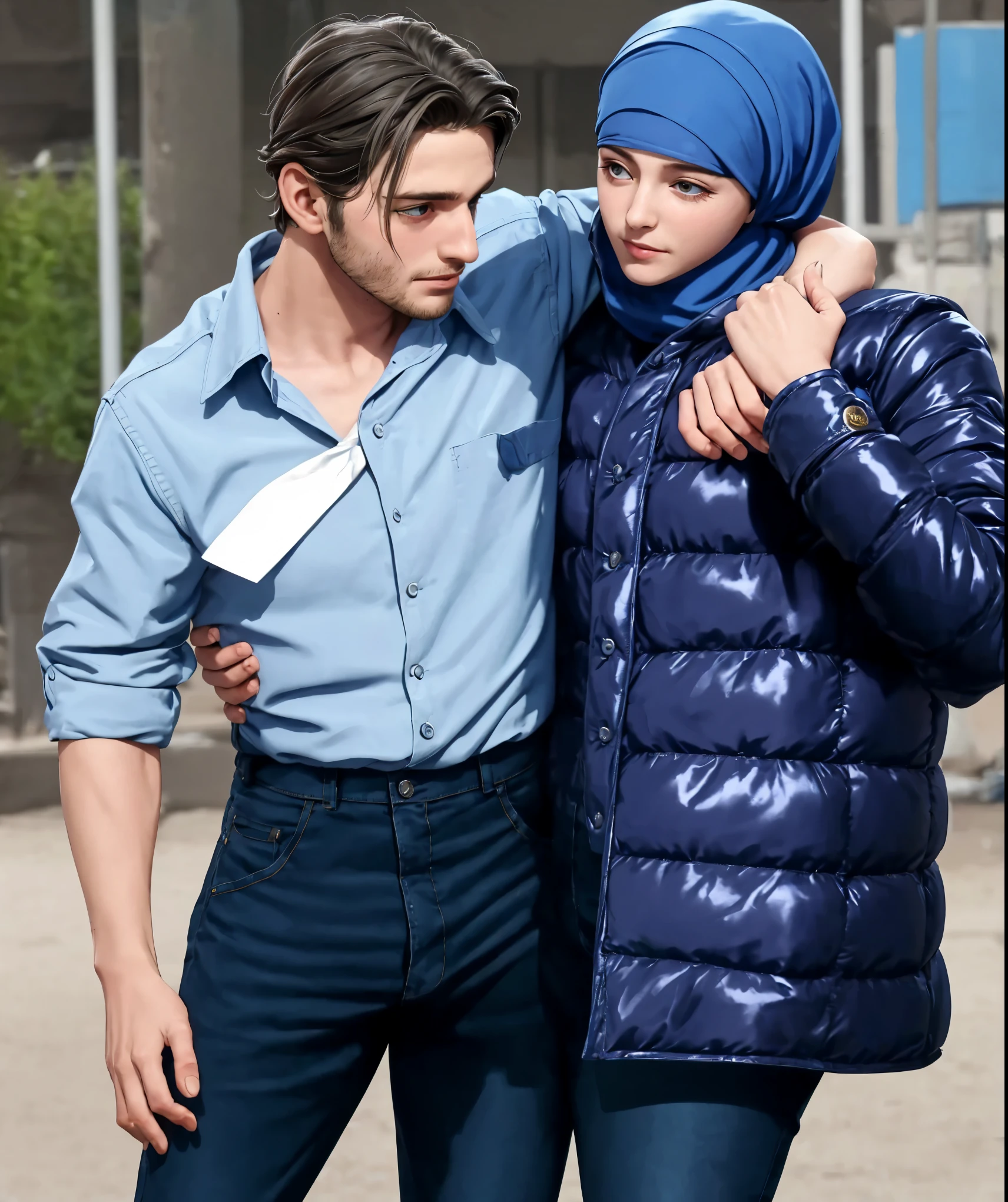 A young German man in a blue cotton shirt and jeans and a Syrian woman in a shiny plastic quilted coat and blue satin headscarf stand arm in arm in front of a refugee shelter, A German man in a cotton shirt and jeans is injured and is supported by a Syrian woman, A Syrian woman wearing a shiny plastic down coat supports an injured short-haired man, der nicht alleine gehen kann, A Syrian woman wearing a headscarf holds an injured short-haired man in her arms, Mitleid, Unfall, Verletzung, Erste Hilfe, Theater, ultra-realistisch, Foto