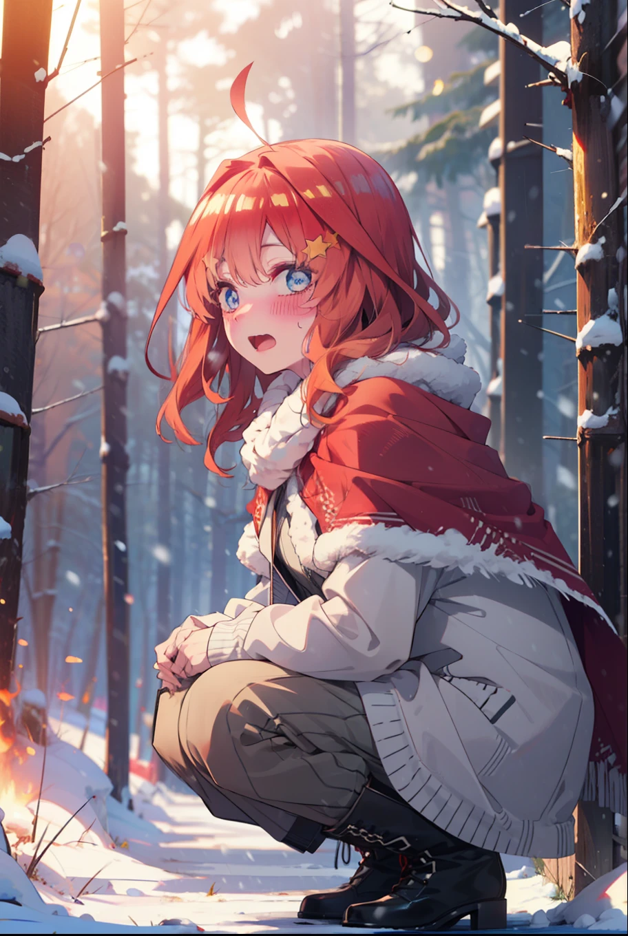 itsukinakano, Itsuki Nakano, bangs, blue eyes, Hair between the eyes, Ahoge, Redhead, star \(symbol\), hair ornaments, star hair ornaments,smile,blush,White Breath,
Open your mouth,snow, fire, Outdoor, boots, snowing, From the side, wood, suitcase, Cape, Blurred, Increase your meals, forest, White handbag, nature,  Squat, Mouth closed, フードed Cape, winter, Written boundary depth, Black shoes, red Cape break looking at viewer, Upper Body, whole body, break Outdoor, forest, nature, break (masterpiece:1.2), highest quality, High resolution, unity 8k wallpaper, (shape:0.8), (Beautiful and beautiful eyes:1.6), Highly detailed face, Perfect lighting, Extremely detailed CG, (Perfect hands, Perfect Anatomy),