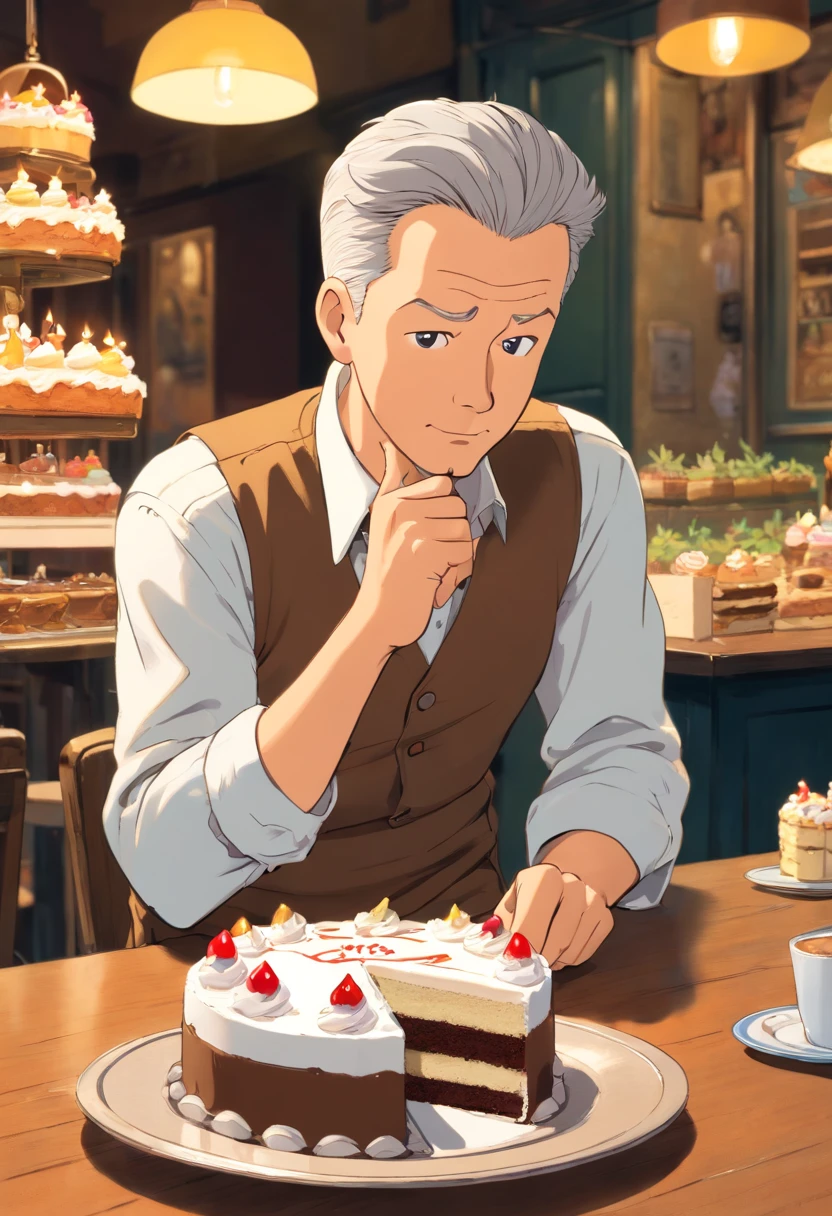 Tintin, 50 years old male wearing white shirt, brown vest and brown cargo pants, slick and neat short grey hair, looking at a small birthday cake on a table at a cafe, european comics