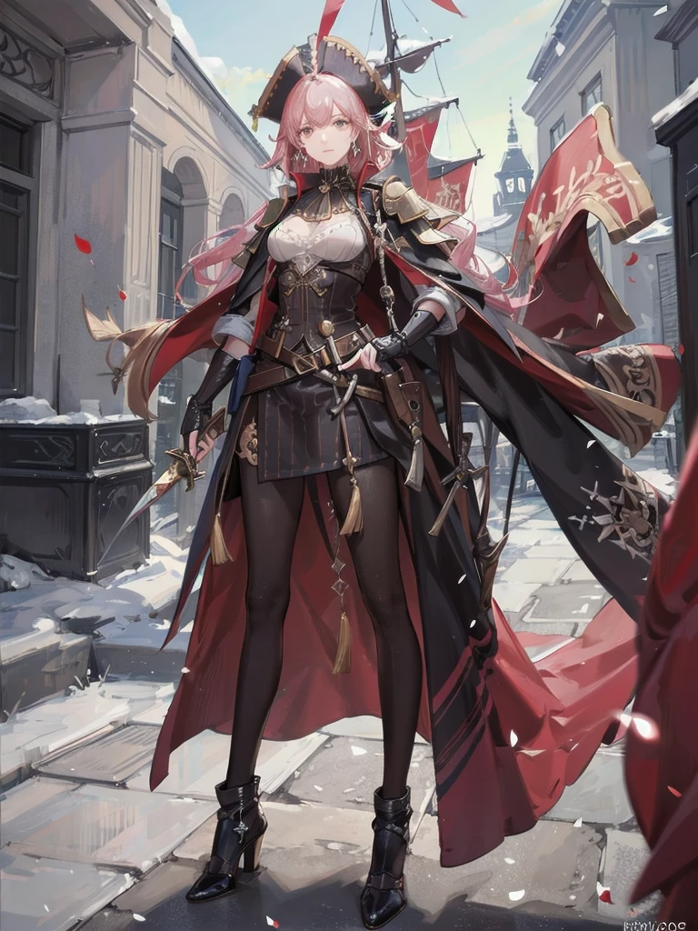 absurdres, RAW photo, extremely delicate and beautiful, masterpiece, Best Quality, ultra high resolution, 32k, hyperrealistic, ultra-detailed, perfect figure, detailed description, pale skin, 20 years old, detailed beautiful face and eyes, tearful mole, earring, short medium hair, wavy hair, full body, a heavily armored pirate, pirate captain, detailed metal armor, intricate pirate clothing, bold colors, highly detailed metal textures, flintlock pistol, cutlass sword,