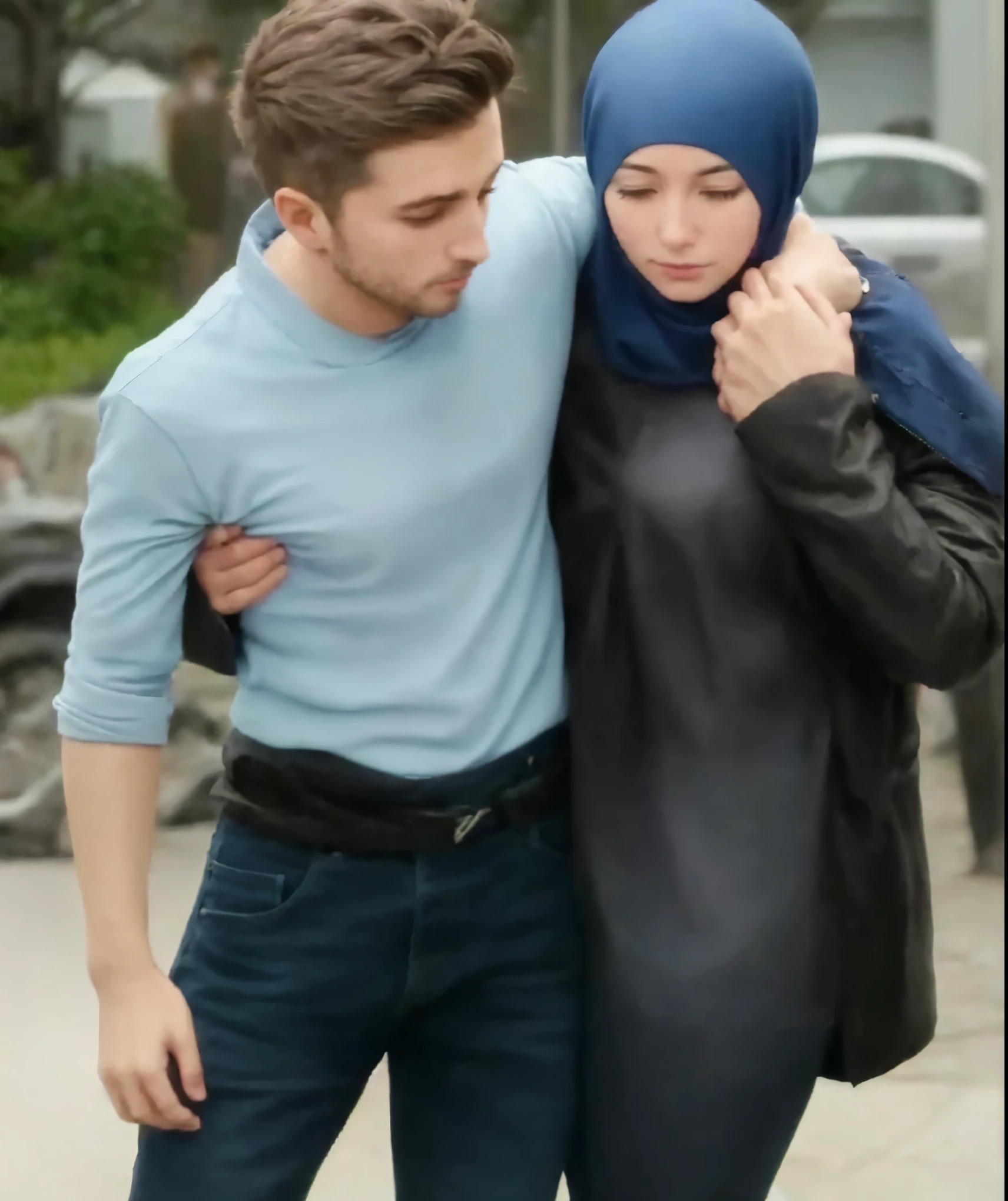 A young German man in a blue cotton shirt and jeans and a Syrian woman in a shiny plastic quilted coat and blue satin headscarf stand arm in arm in front of a refugee shelter, A German man in a cotton shirt and jeans is injured and is supported by a Syrian woman, A Syrian woman wearing a shiny plastic down coat supports an injured short-haired man, der nicht alleine gehen kann, A Syrian woman wearing a headscarf holds an injured short-haired man in her arms, Mitleid, Unfall, Verletzung, Erste Hilfe, Theater, ultra-realistisch, Foto
