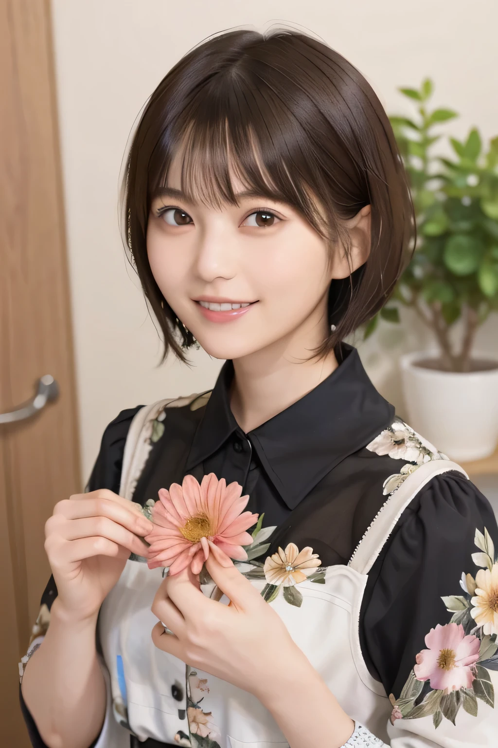 205 ((short hair)), 20 year old female, surrealism, Floral smile、Beautiful teeth alignment、Brown Hair