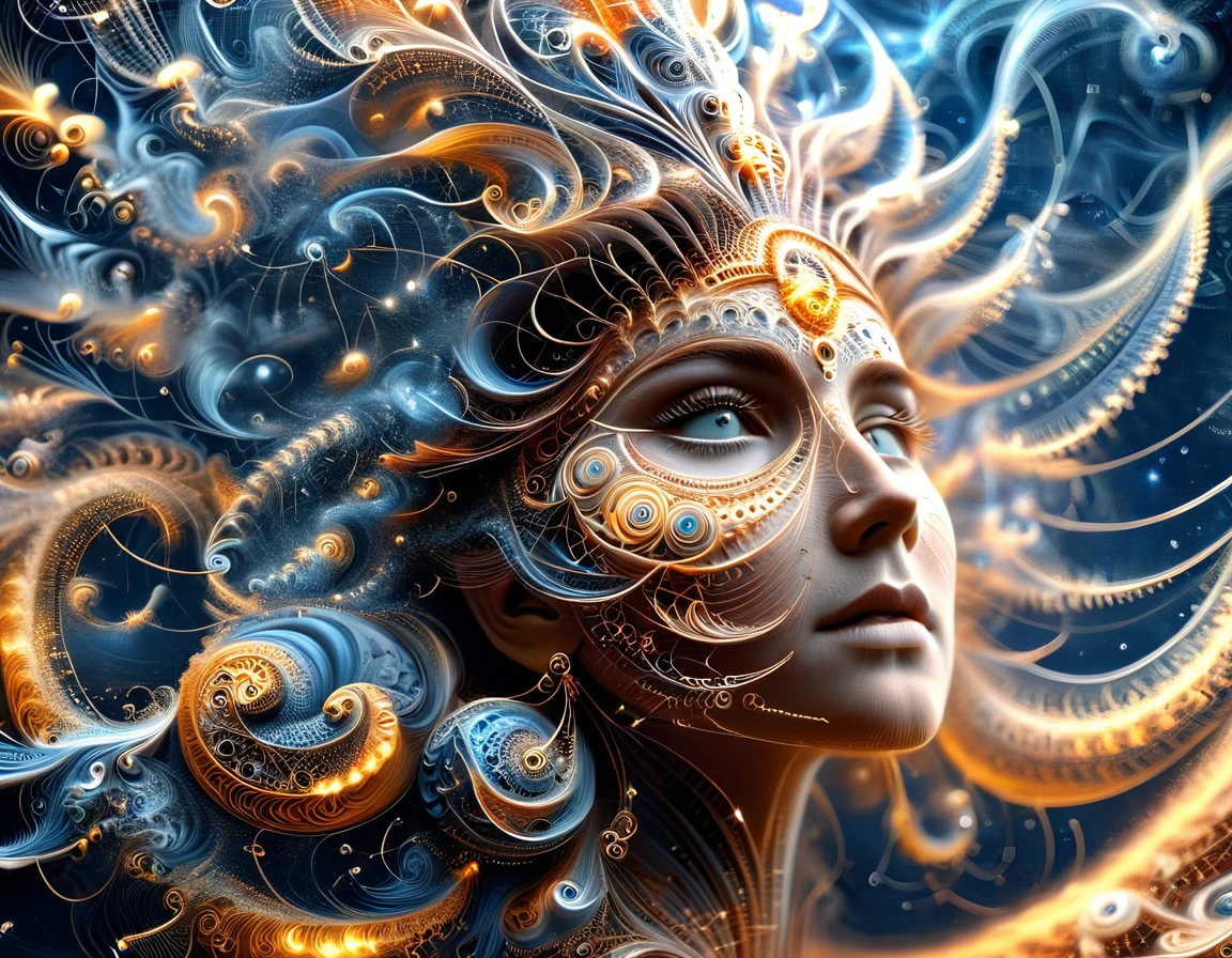 Un ciel étoilé où les constellations sont des Mathematical Equations réalistes qui prennent vie, their tendrils reach through the darkness, nombre Pi, fractals and complex geometric figures, (une femme 35 ans, perfect and detailed eyes), ((Mathematical Equations))
