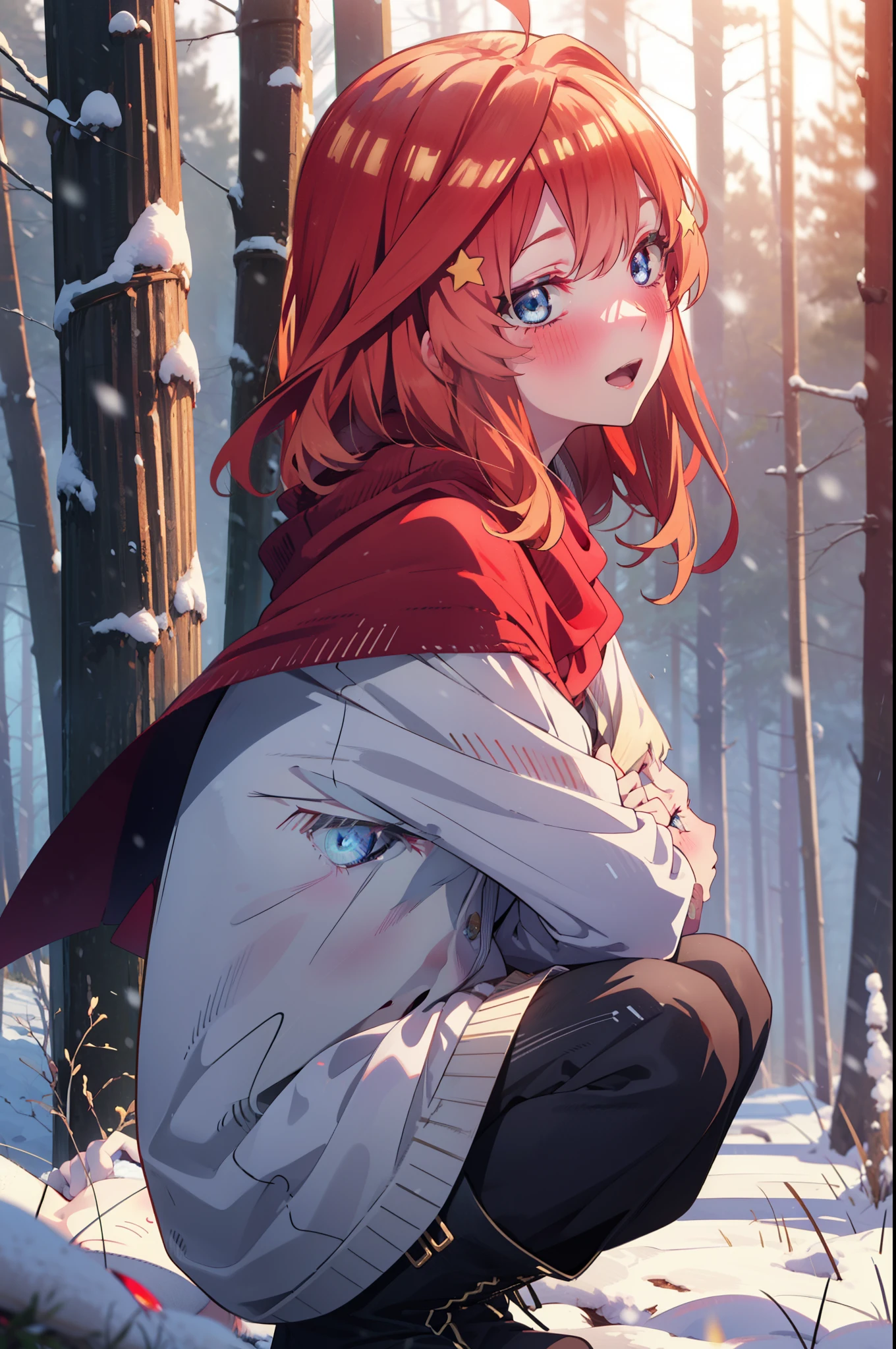 itsukinakano, Itsuki Nakano, bangs, blue eyes, Hair between the eyes, Ahoge, Redhead, star \(symbol\), hair ornaments, star hair ornaments,smile,blush,White Breath,
Open your mouth,snow, fire, Outdoor, boots, snowing, From the side, wood, suitcase, Cape, Blurred, Increase your meals, forest, White handbag, nature,  Squat, Mouth closed, フードed Cape, winter, Written boundary depth, Black shoes, red Cape break looking at viewer, Upper Body, whole body, break Outdoor, forest, nature, break (masterpiece:1.2), highest quality, High resolution, unity 8k wallpaper, (shape:0.8), (Beautiful and beautiful eyes:1.6), Highly detailed face, Perfect lighting, Extremely detailed CG, (Perfect hands, Perfect Anatomy),