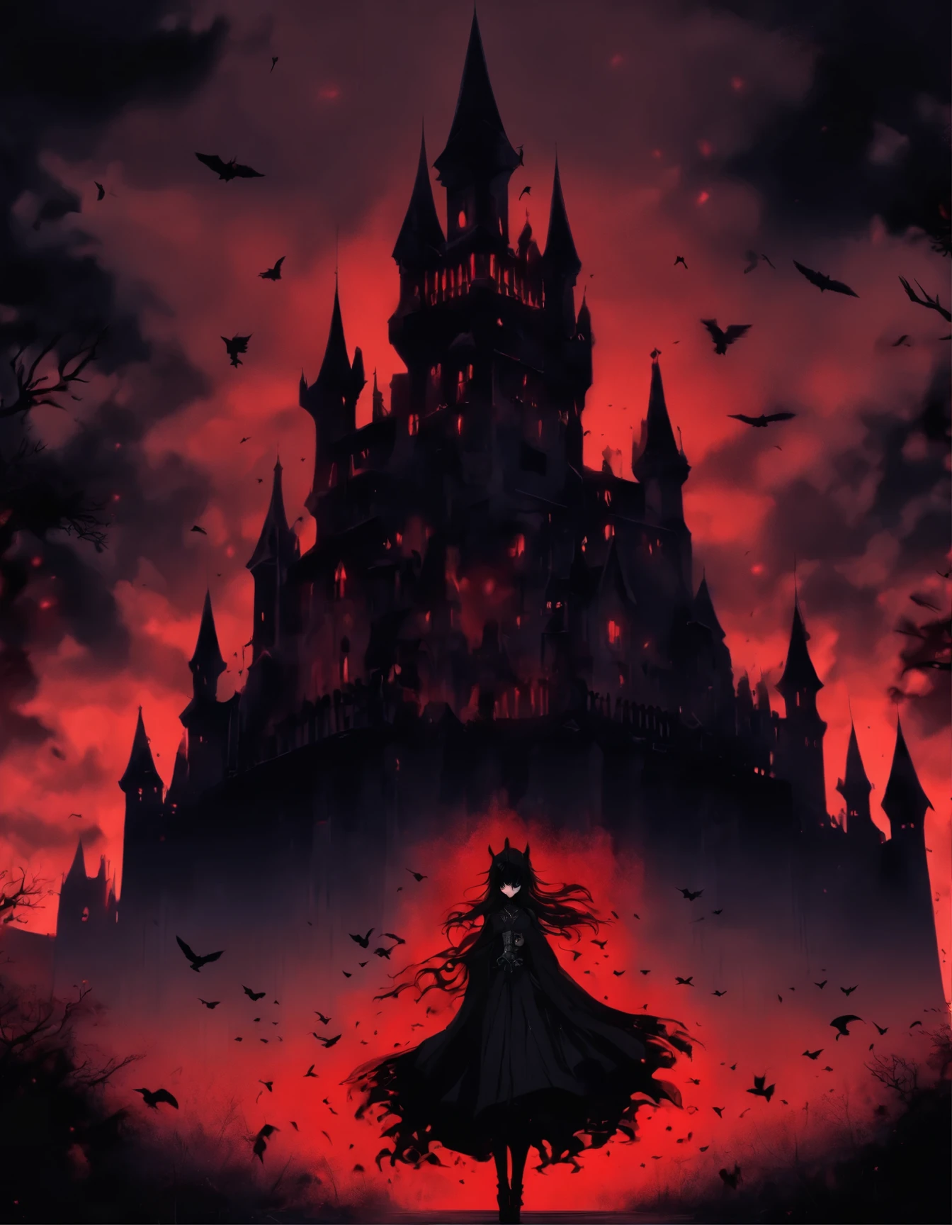 Black and white photo of a castle surrounded by crows, Double Exposure, Witch face behind the castle,Red Eyes, ominous Gothic aesthetics, Gothic atmosphere, Dark fantasy setting, fantasy dark art, Dark fantasy mixed with realism, Gothic Horror vibes, Gothic art, Dark and Gothic, Gothic Background, Dark fantasy. complicated, gothic fantasy art, Dark fantasy art, Gothic art style, Gothic Horror, Gothic aesthetics, Highly detailed dark art