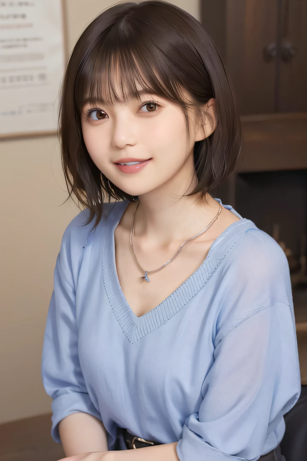 205  ((short hair)), 20 year old female, surrealism, Floral smile、Beautiful teeth alignment、Brown Hair耳にピアス、Necklace around the neck、Dark brown hair