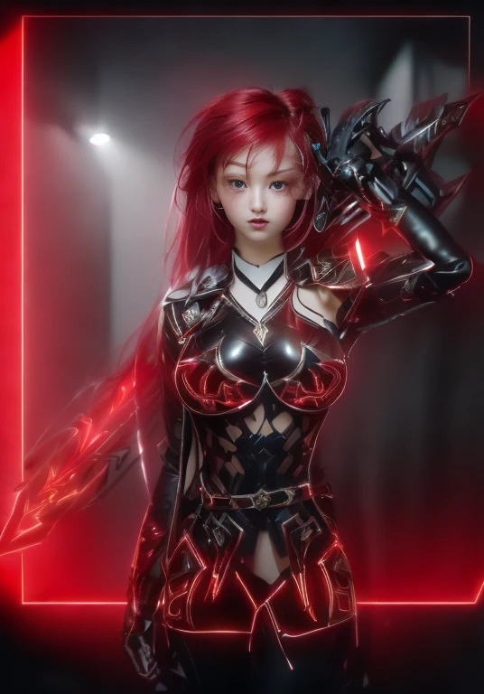 a ultra beautiful girl, with a (black techno fantasy armor) and a great sword in the back, cute, 12k, uhd, photorealistic, red decourations, (black short hairs), ((european race)), (ultra beautiful gorgeous realistic), naked belly and (naked arms), black armour, red decourations, red great sword, black hairs