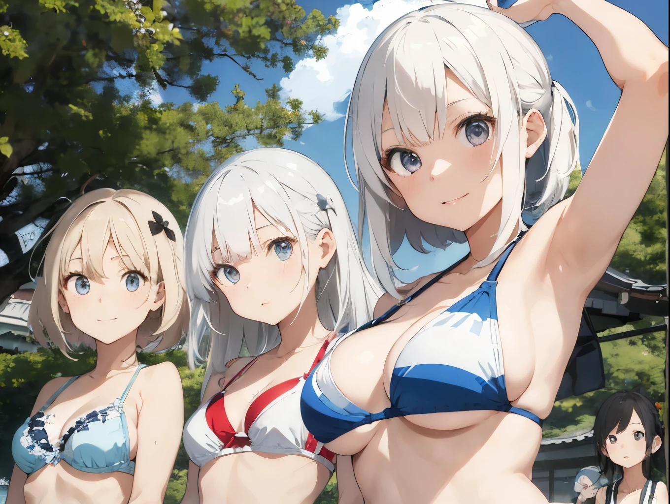 White-haired girl drawn in high resolution Japanese anime style、Group of women taking photos in bikinis, Bikini Model, , A young and cute gravure idol, Posing together in bras, Russian and Japanese mix, sakimichan, Asian woman, Wear a swimsuit, that'that'that'that'that'that'that'that'that'that'that'It's hot with the shining sun, Japanese Model, Cute Core, sakimichan hdri, Young Gravure Idol, Chubby