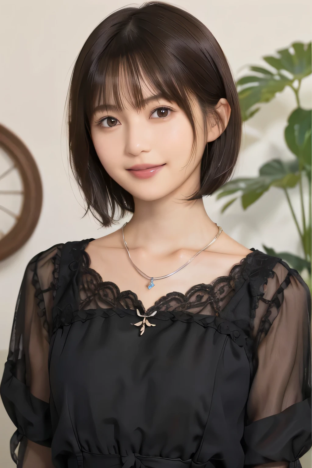 205 ((short hair)), 20 year old female, surrealism, Floral smile、Beautiful teeth alignment、Brown Hair耳にピアス、Necklace around the neck、Dark brown hair