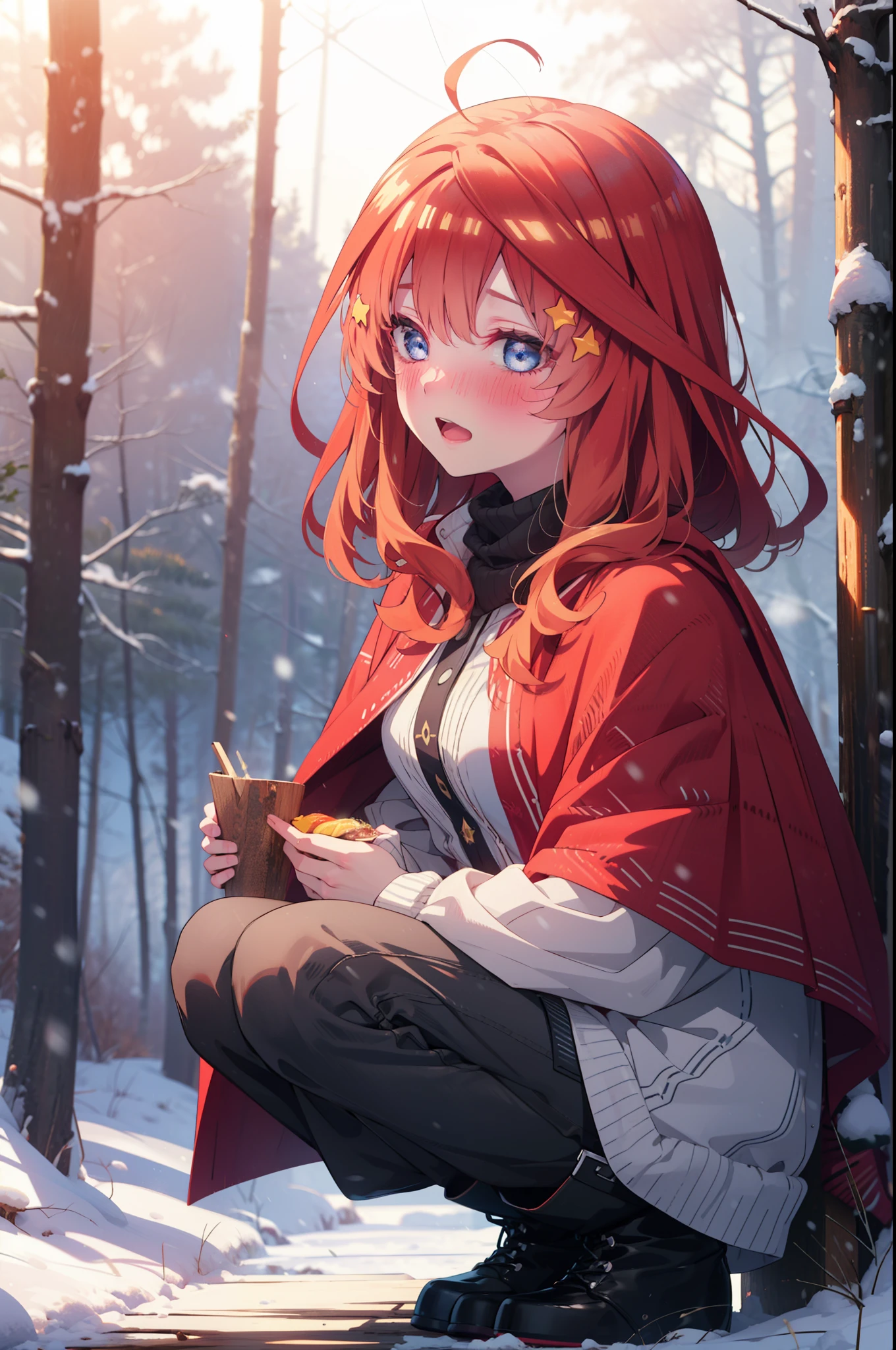 itsukinakano, Itsuki Nakano, bangs, blue eyes, Hair between the eyes, Ahoge, Redhead, star \(symbol\), hair ornaments, star hair ornaments,smile,blush,White Breath,
Open your mouth,snow, fire, Outdoor, boots, snowing, From the side, wood, suitcase, Cape, Blurred, Increase your meals, forest, White handbag, nature,  Squat, Mouth closed, フードed Cape, winter, Written boundary depth, Black shoes, red Cape break looking at viewer, Upper Body, whole body, break Outdoor, forest, nature, break (masterpiece:1.2), highest quality, High resolution, unity 8k wallpaper, (shape:0.8), (Beautiful and beautiful eyes:1.6), Highly detailed face, Perfect lighting, Extremely detailed CG, (Perfect hands, Perfect Anatomy),