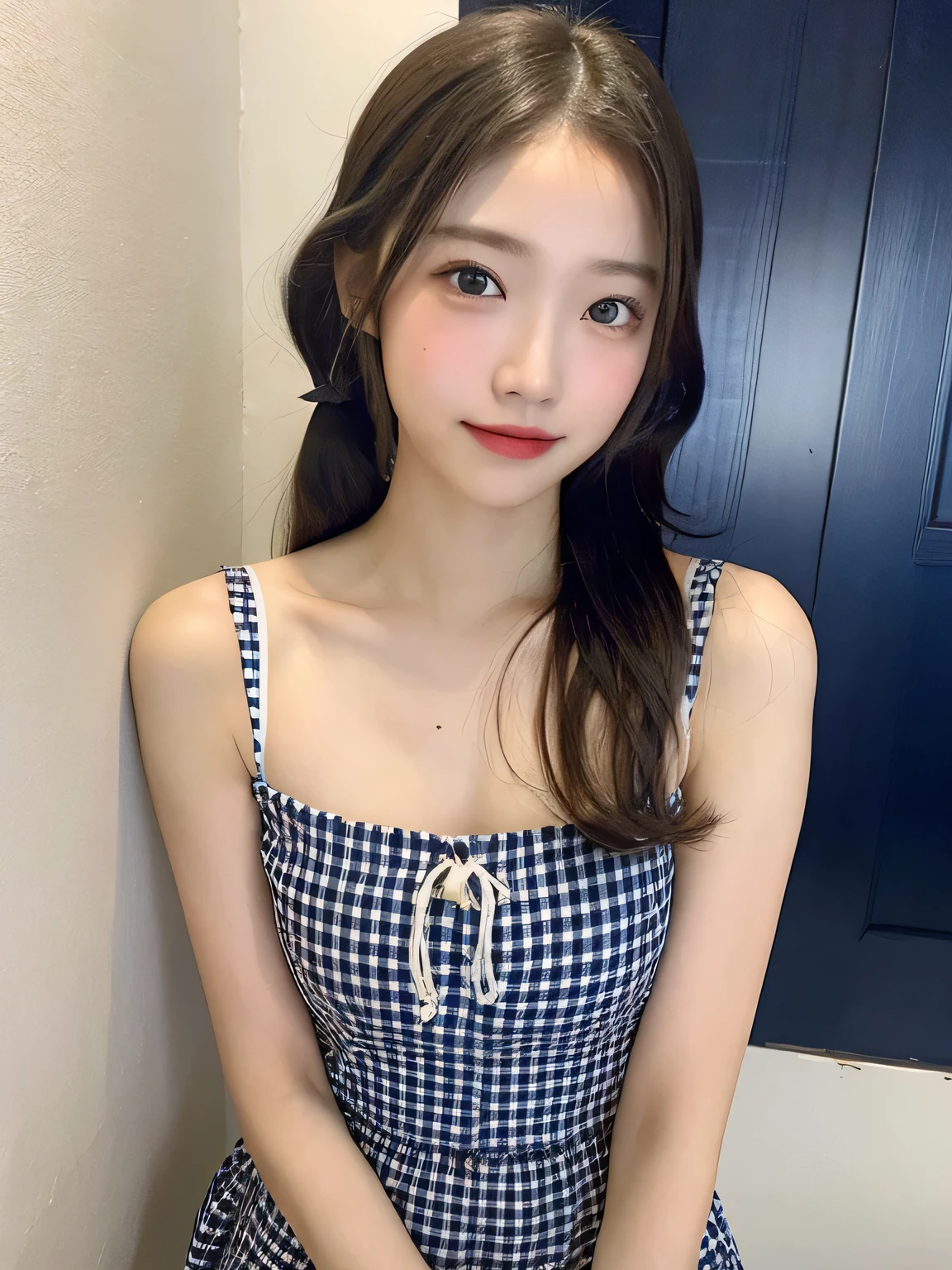 masterpiece、one person、、Full body photo、slender、woman、White drool coming out of the mouth、smile、Twin tails、 Fair skin, messy hair, super cute、Soft and Face、8K resolution、Surreal、Ultra high definition、 A-cup small breasts((Highest resolution、8k、masterpiece:1.3))、Ultra-fine face、Ultra Fine Lips、Beautiful Eyes、double eyelid,Dark blue walls、Navy and white checked bandeau dress:1.1、Thighs、thin,Thighs are visible、Shapely small breasts、fun、sexy