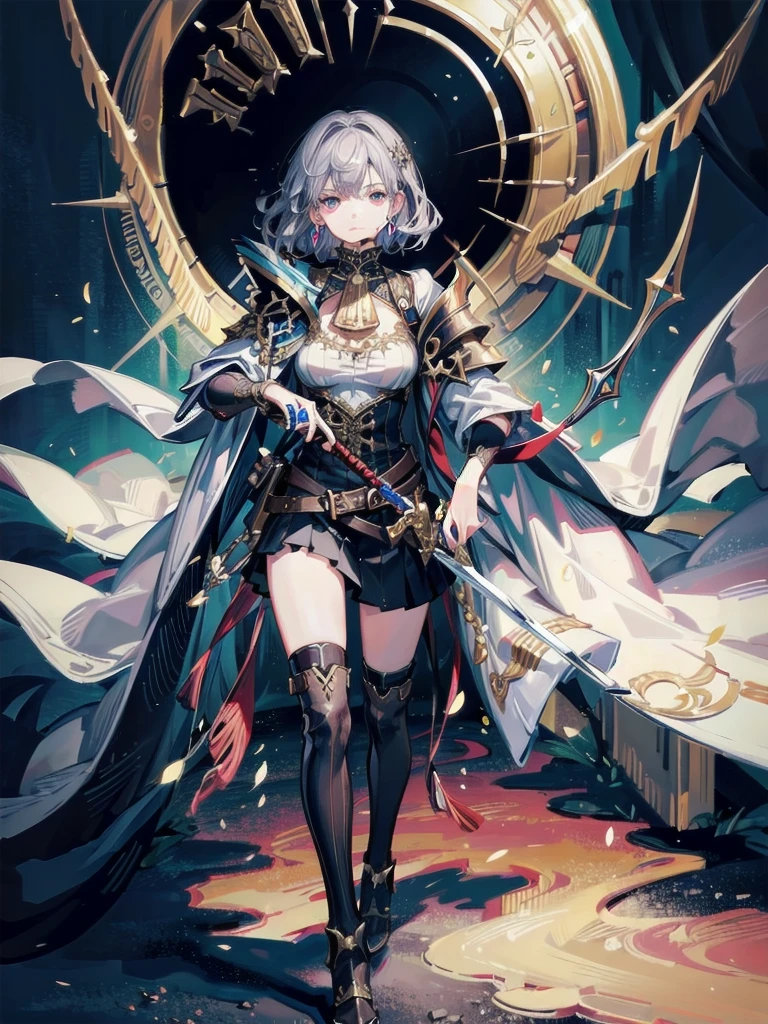 absurdres, RAW photo, extremely delicate and beautiful, masterpiece, Best Quality, ultra high resolution, 32k, hyperrealistic, ultra-detailed, perfect figure, detailed description, pale skin, 20 years old, detailed beautiful face and eyes, tearful mole, earring, short medium hair, wavy hair, full body, a heavily armored pirate, pirate captain, detailed metal armor, intricate pirate clothing, bold colors, highly detailed metal textures, flintlock pistol, cutlass sword,