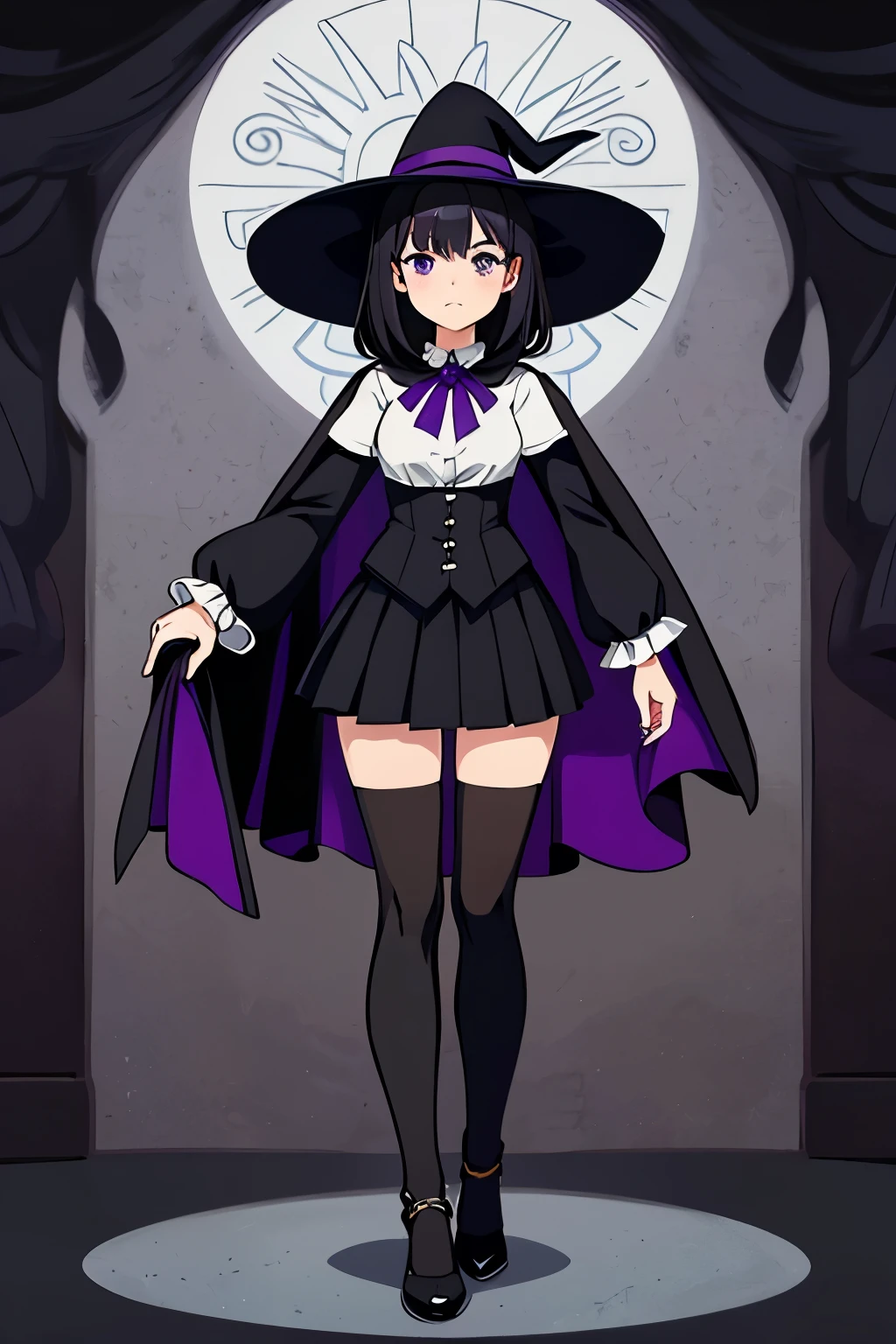 witch with short black hair, purple eyes, her uniform consists of a white long-sleeved blouse underneath a long, black cloak that reaches her feet. She also wears a short, black, pleated skirt and a pair of black thigh stockings with black, low-heeled Mary Jane shoes, she uses shadow magic