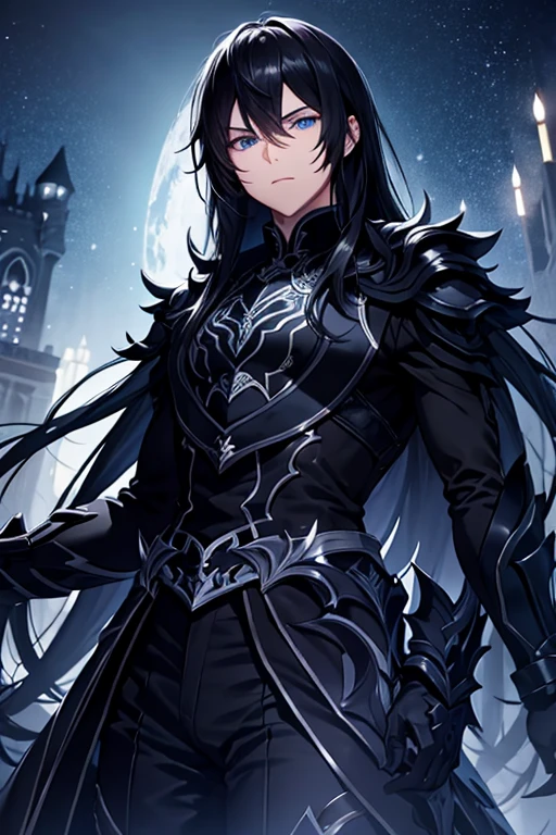 Night view Dark Sparkling Fantasy fantasy masterpiece highest quality One boy Black Hair blue eyes Long Hair