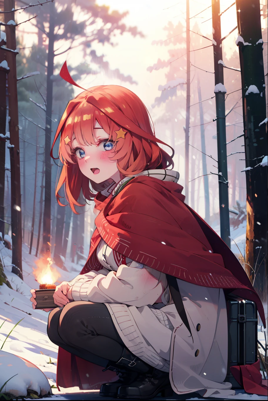 itsukinakano, Itsuki Nakano, bangs, blue eyes, Hair between the eyes, Ahoge, Redhead, star \(symbol\), hair ornaments, star hair ornaments,smile,blush,White Breath,
Open your mouth,snow, fire, Outdoor, boots, snowing, From the side, wood, suitcase, Cape, Blurred, Increase your meals, forest, White handbag, nature,  Squat, Mouth closed, フードed Cape, winter, Written boundary depth, Black shoes, red Cape break looking at viewer, Upper Body, whole body, break Outdoor, forest, nature, break (masterpiece:1.2), highest quality, High resolution, unity 8k wallpaper, (shape:0.8), (Beautiful and beautiful eyes:1.6), Highly detailed face, Perfect lighting, Extremely detailed CG, (Perfect hands, Perfect Anatomy),