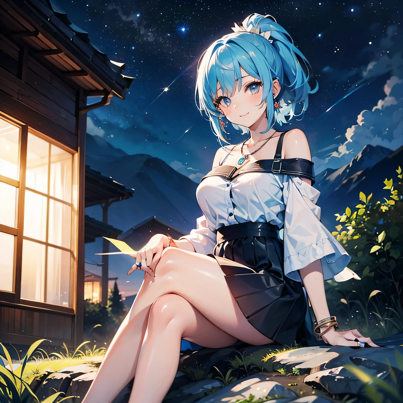 Anime Moe Art Style,highest quality,High resolution,Anatomically correct,One Girl,-teegirl with light blue hair in a ponytail,Super detailed,Fantasy World,Off-the-shoulder tops,mini skirt,Big Breasts,A rich expression,A big smile,night,In the mountains,Outdoor,Sitting directly on the ground,Eyes drawn in detail,hair ornaments,necklace,bracelet,ring,8K