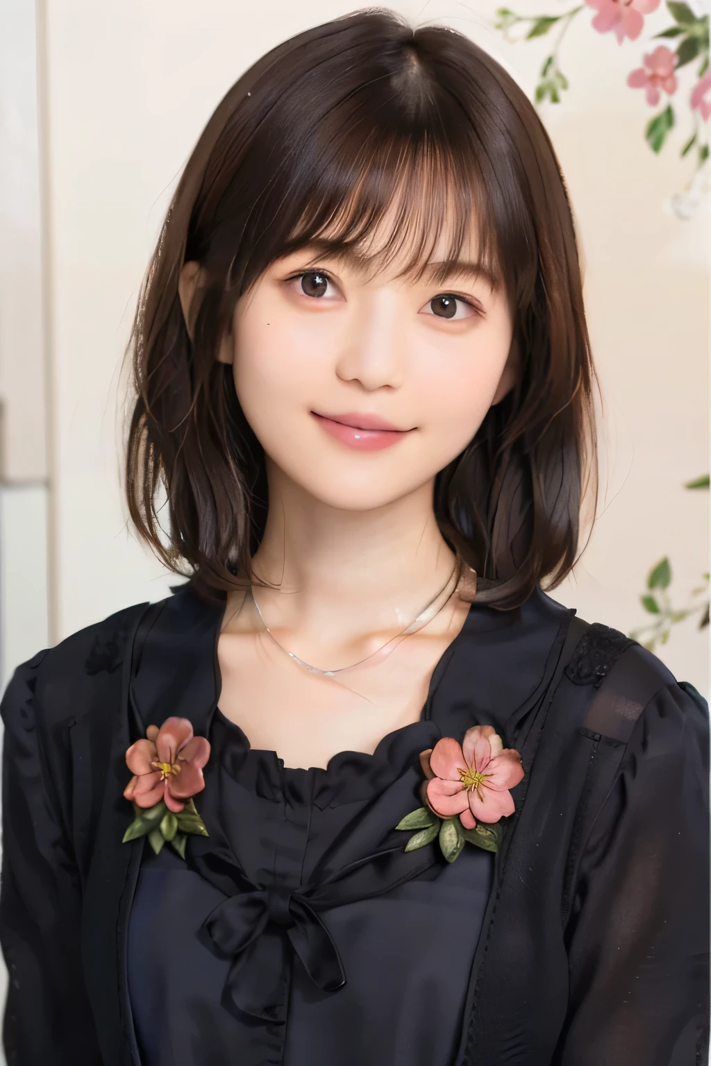 205 ((short hair)), 20 year old female, surrealism, Floral smile、Beautiful teeth alignment、Brown Hair耳にピアス、Necklace around the neck、Dark brown hair