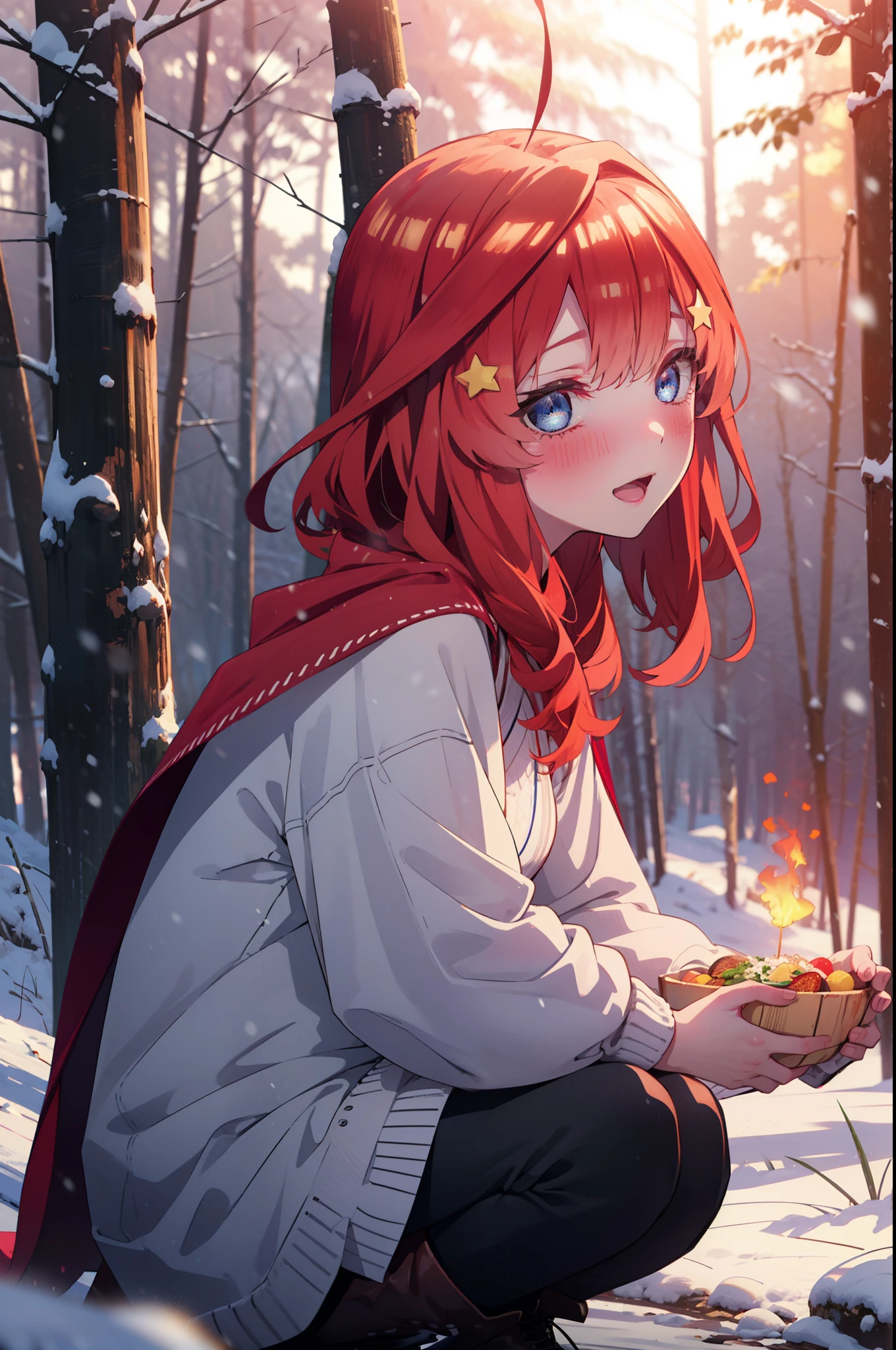 itsukinakano, Itsuki Nakano, bangs, blue eyes, Hair between the eyes, Ahoge, Redhead, star \(symbol\), hair ornaments, star hair ornaments,smile,blush,White Breath,
Open your mouth,snow, fire, Outdoor, boots, snowing, From the side, wood, suitcase, Cape, Blurred, Increase your meals, forest, White handbag, nature,  Squat, Mouth closed, フードed Cape, winter, Written boundary depth, Black shoes, red Cape break looking at viewer, Upper Body, whole body, break Outdoor, forest, nature, break (masterpiece:1.2), highest quality, High resolution, unity 8k wallpaper, (shape:0.8), (Beautiful and beautiful eyes:1.6), Highly detailed face, Perfect lighting, Extremely detailed CG, (Perfect hands, Perfect Anatomy),