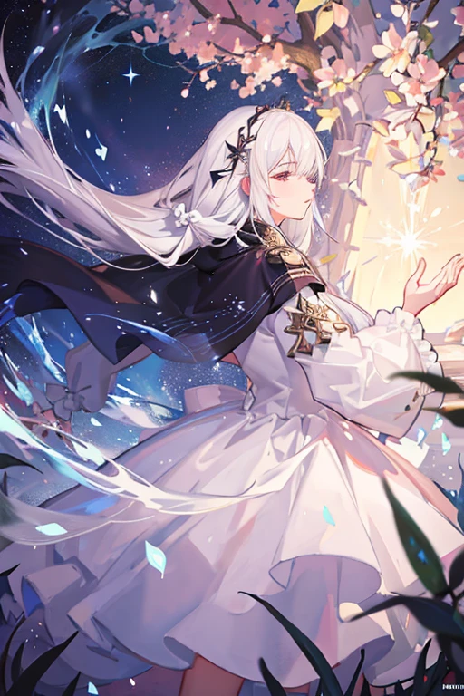 Light Sparkling Fantasy fantasy masterpiece highest quality One Girl White Hair profile Close ~ eyes Long dress race Long sleeve