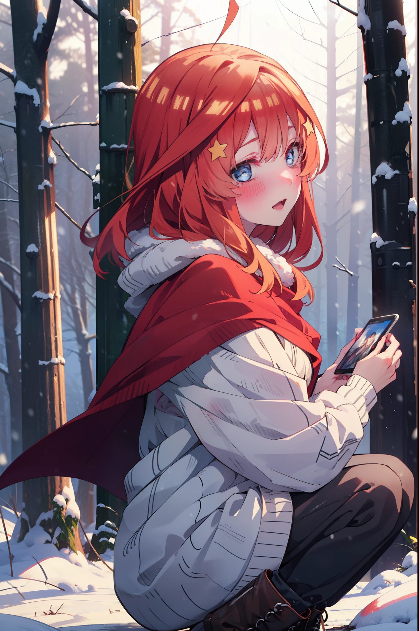 itsukinakano, Itsuki Nakano, bangs, blue eyes, Hair between the eyes, Ahoge, Redhead, star \(symbol\), hair ornaments, star hair ornaments,smile,blush,White Breath,
Open your mouth,snow, fire, Outdoor, boots, snowing, From the side, wood, suitcase, Cape, Blurred, Increase your meals, forest, White handbag, nature,  Squat, Mouth closed, フードed Cape, winter, Written boundary depth, Black shoes, red Cape break looking at viewer, Upper Body, whole body, break Outdoor, forest, nature, break (masterpiece:1.2), highest quality, High resolution, unity 8k wallpaper, (shape:0.8), (Beautiful and beautiful eyes:1.6), Highly detailed face, Perfect lighting, Extremely detailed CG, (Perfect hands, Perfect Anatomy),