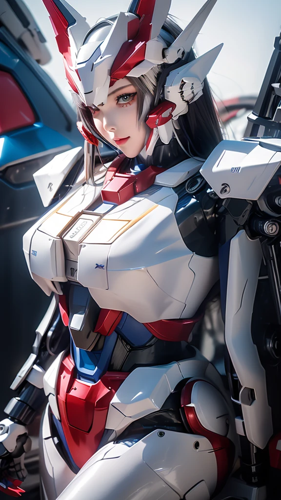 Textured skin, Super Detail, high details, High quality, Best Quality, hight resolution, 1080p, hard disk, Robot Girl,(Gundam Girl),beautiful cyborg woman,Mecha Cyborg Girl,Battle Mode,Girl with a Mecha Body,She wears a futuristic Gundam mecha,Mobile Suit Girl