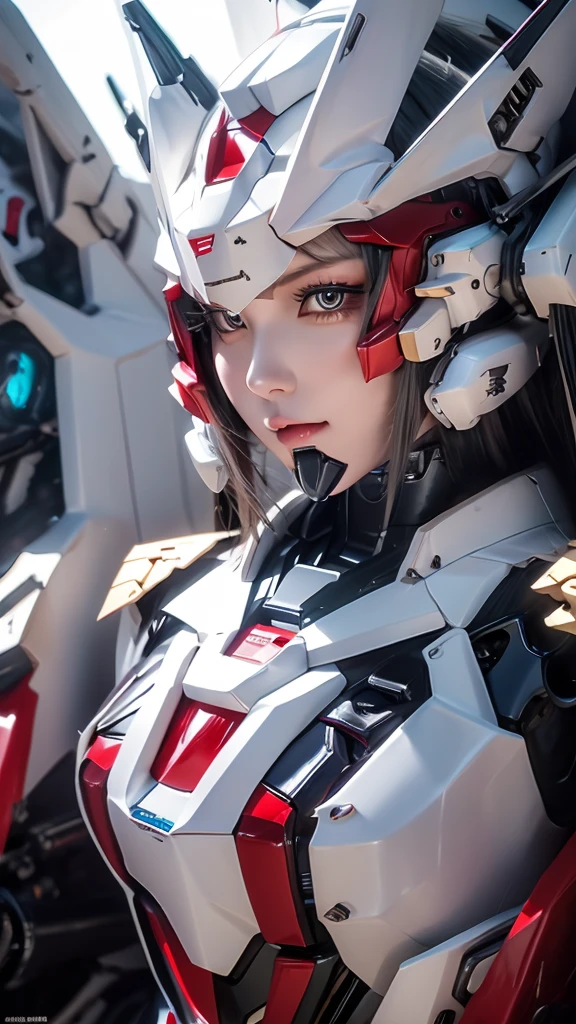 Textured skin, Super Detail, high details, High quality, Best Quality, hight resolution, 1080p, hard disk, Robot Girl,(Gundam Girl),beautiful cyborg woman,Mecha Cyborg Girl,Battle Mode,Girl with a Mecha Body,She wears a futuristic Gundam mecha,Mobile Suit Girl