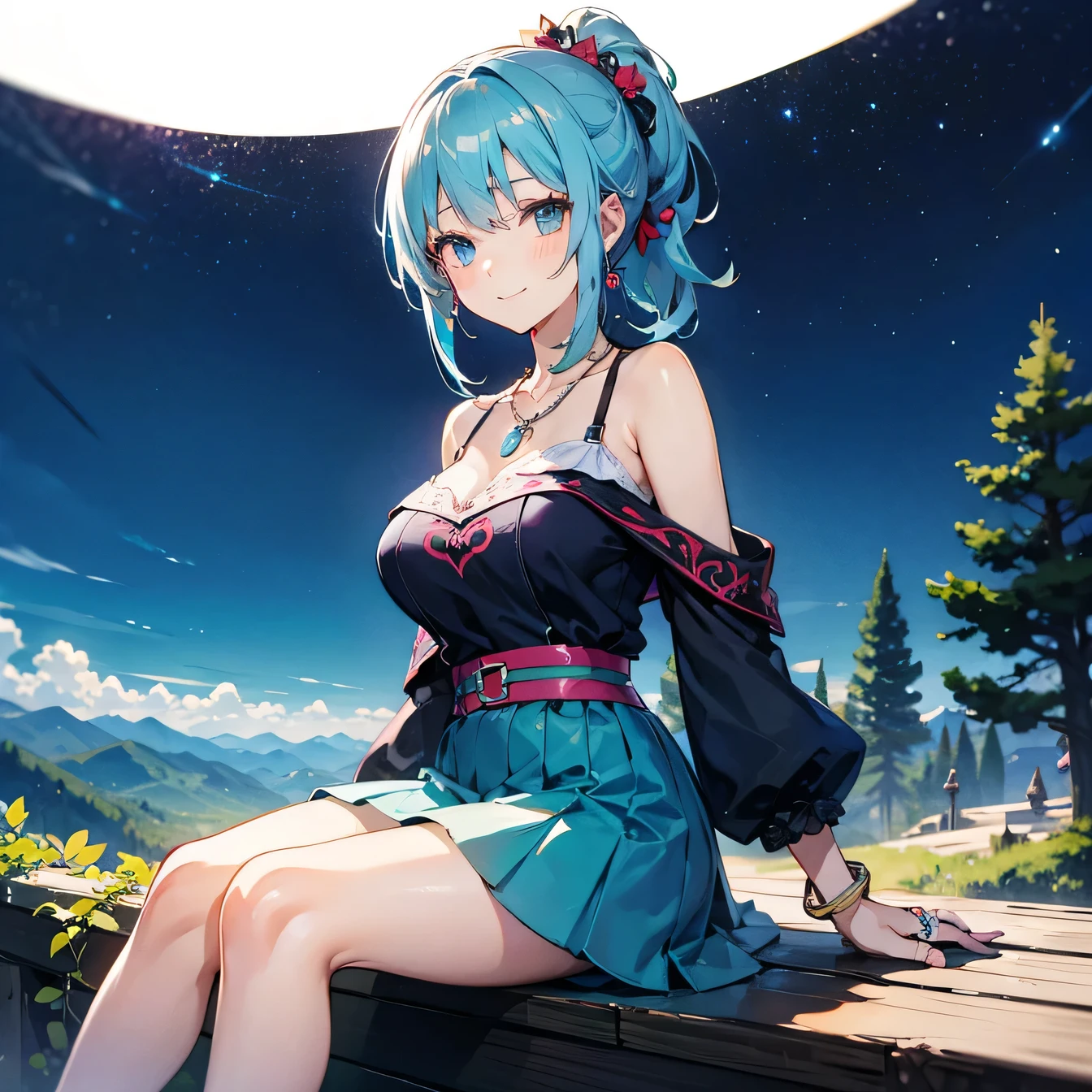 Anime Moe Art Style,highest quality,High resolution,Anatomically correct,One Girl,Mid-s,A girl with light blue hair in a ponytail,Super detailed,Fantasy World,Off-the-shoulder tops,mini skirt,Big Breasts,A rich expression,A big smile,night,In the mountains,Outdoor,Sitting directly on the ground,Eyes drawn in detail,hair ornaments,necklace,bracelet,ring,8K