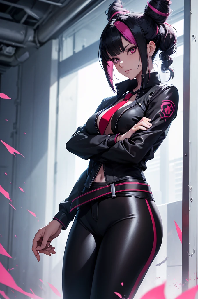 juri han,Una revista de una mujer, enojada, mirando hacia el espectador, Long sleeve shirt black pants red tie,Artistic Background,High resolution 4K, ultra detallado, sombra realista ojos rojos, cabello rojo,