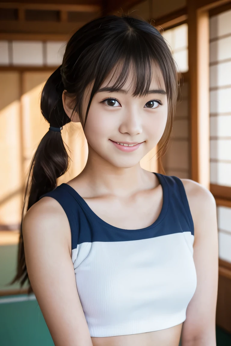 Lens 135mm f1.8, (highest quality),(RAW photo), , (Beautiful 16 year old Japanese girl), cute face, (deeply carved face:0.7), (freckles:0.6), ,dramatic , (japanese school (croptop) ocher_color tanktop), (inside the school), shy, low twintails, , (smile),, (sparkling eyes)、