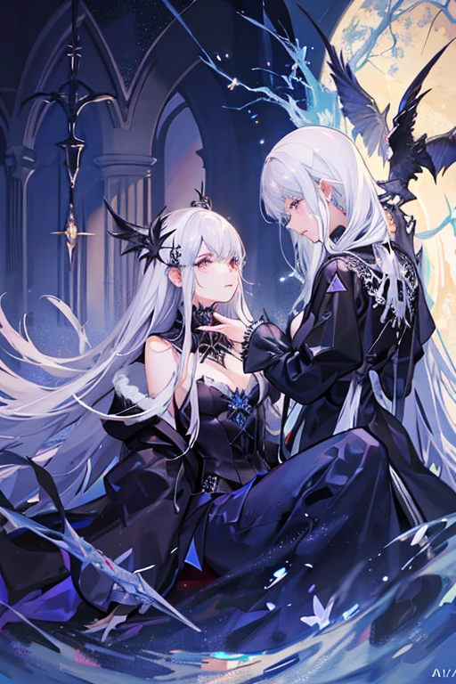 Night view Dark Sparkling Fantasy fantasy masterpiece highest quality One Girl White Hair profile Wizard Gothic Black decoration
