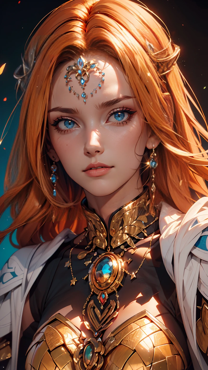 (((masterpiece))), (((highest quality: 1.4))), ((Super detailed: 1.4)) , An extremely detailed gouache painting of a tiefling woman, Gorgeous exotic features, Amber neon eyes:1.5, Orange Hair, Highly detailed facial features, Expressive Face, Detailed Texture, Blue skin tone, Tattoo, Natural Skin Shader, Volumetric, Warm shades beneath her skin, Ultra-high resolution