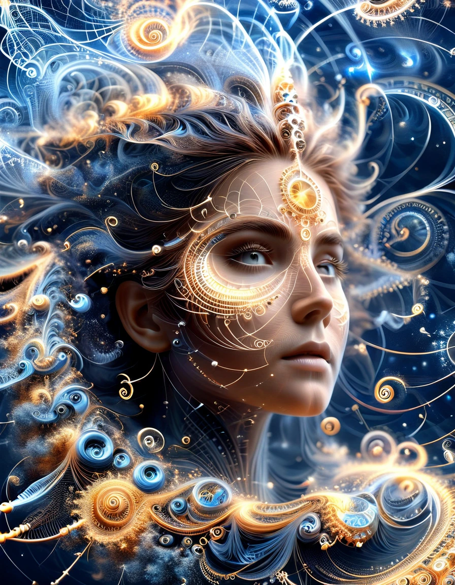 Un ciel étoilé où les constellations sont des Mathematical Equations réalistes qui prennent vie, their tendrils reach through the darkness, nombre Pi, fractals and complex geometric bodies, (une femme 35 ans, perfect and detailed eyes), ((Mathematical Equations))