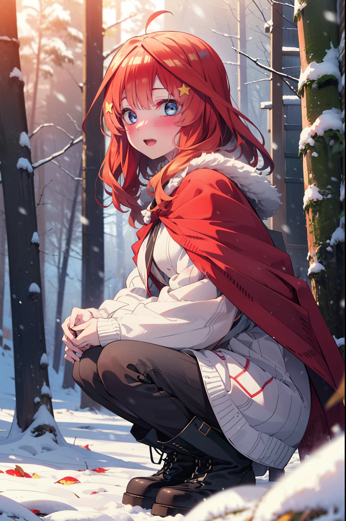 itsukinakano, Itsuki Nakano, bangs, blue eyes, Hair between the eyes, Ahoge, Redhead, star \(symbol\), hair ornaments, star hair ornaments,smile,blush,White Breath,
Open your mouth,snow, fire, Outdoor, boots, snowing, From the side, wood, suitcase, Cape, Blurred, Increase your meals, forest, White handbag, nature,  Squat, Mouth closed, フードed Cape, winter, Written boundary depth, Black shoes, red Cape break looking at viewer, Upper Body, whole body, break Outdoor, forest, nature, break (masterpiece:1.2), highest quality, High resolution, unity 8k wallpaper, (shape:0.8), (Beautiful and beautiful eyes:1.6), Highly detailed face, Perfect lighting, Extremely detailed CG, (Perfect hands, Perfect Anatomy),