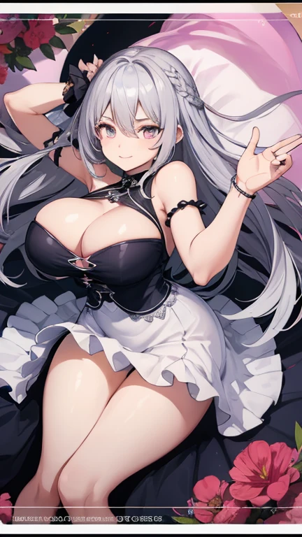 4K,Stylish summer dresses、Bedroom、(((Very large breasts)))、Written border、Dynamic pose、(Dark Eyes)、highest quality、(((Symmetrical eyes)))、20-year-old、smile、((Silver Hair))